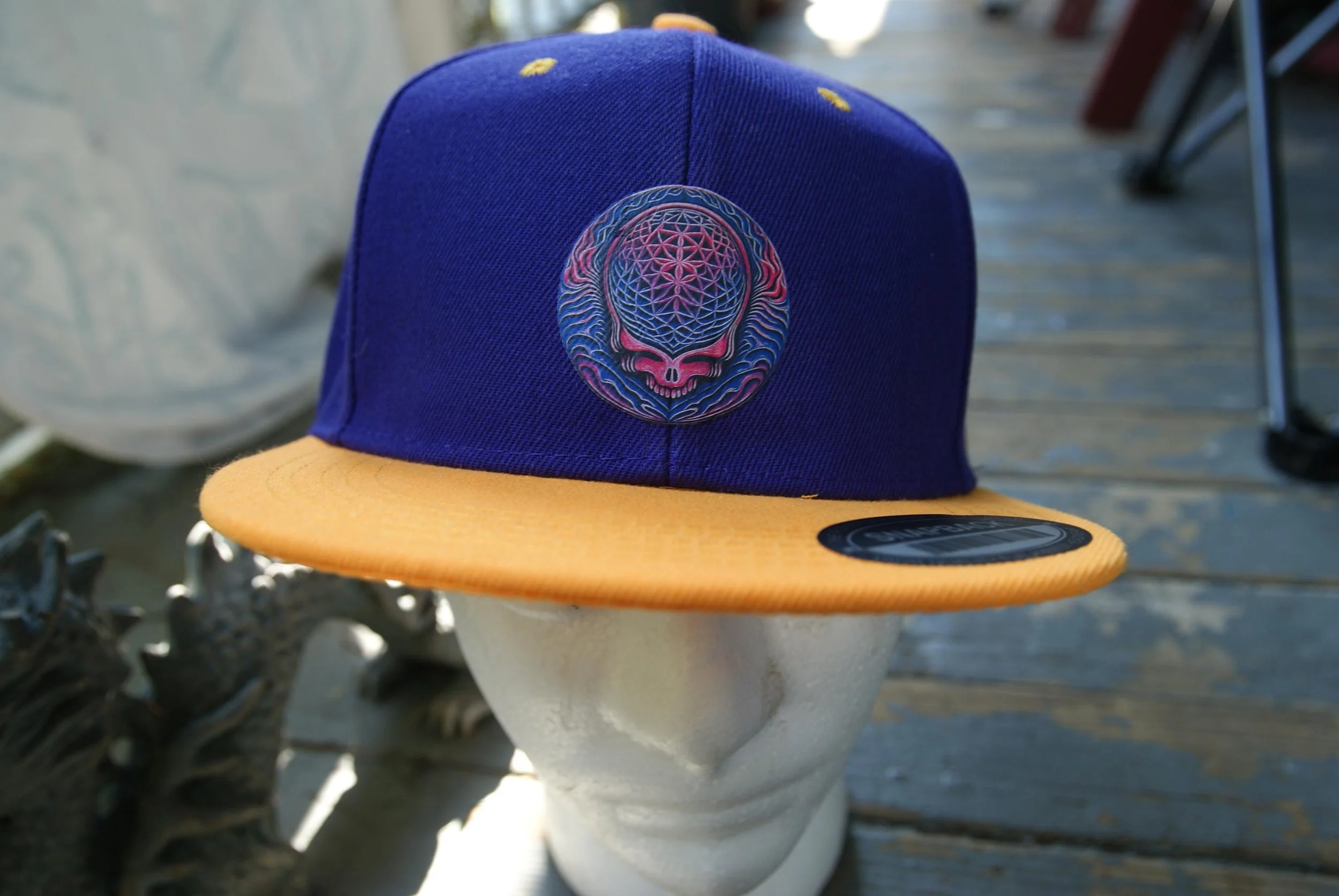 Grateful Dead Inspired Cosmic Stealie Psycho Variant Purple Gold Snapback Hat, Psychedelic Steal Your Face Flat Brim Deadhead Festival Cap
