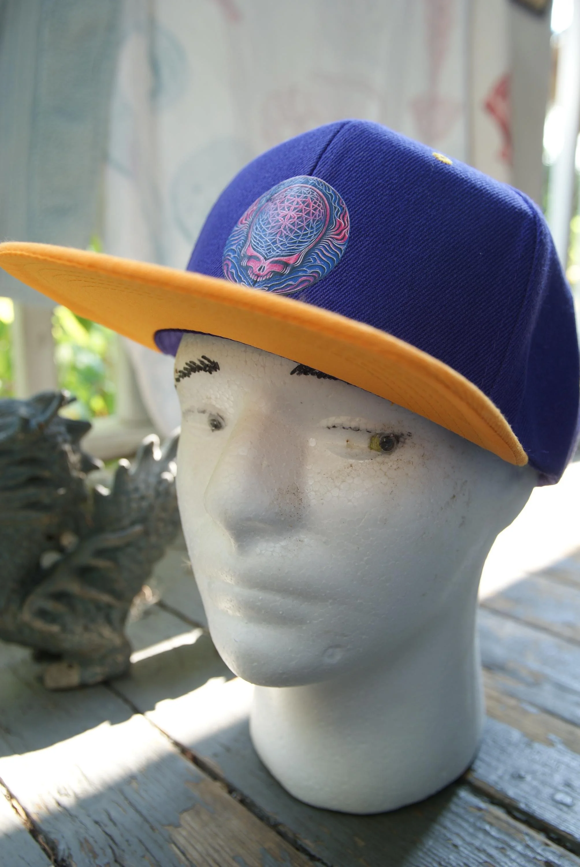 Grateful Dead Inspired Cosmic Stealie Psycho Variant Purple Gold Snapback Hat, Psychedelic Steal Your Face Flat Brim Deadhead Festival Cap