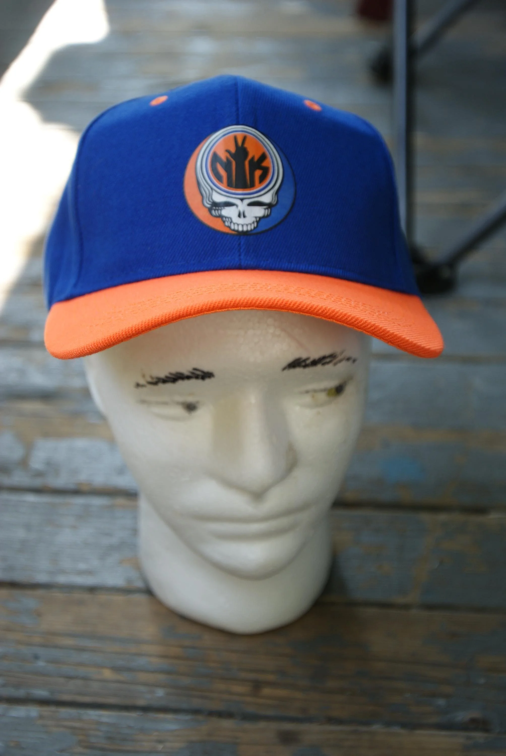 Jalen Brunson NY Knicks Grateful Dead Stealie Hat, NYC Orange Blue Mashup Duck Bill Cap, Deadhead Basketball Velcro Closure Hat