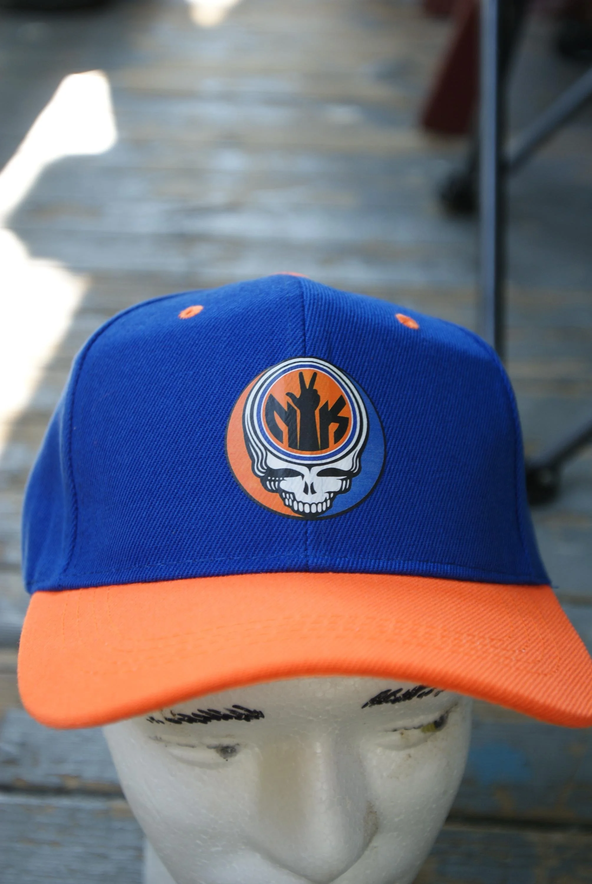 Jalen Brunson NY Knicks Grateful Dead Stealie Hat, NYC Orange Blue Mashup Duck Bill Cap, Deadhead Basketball Velcro Closure Hat