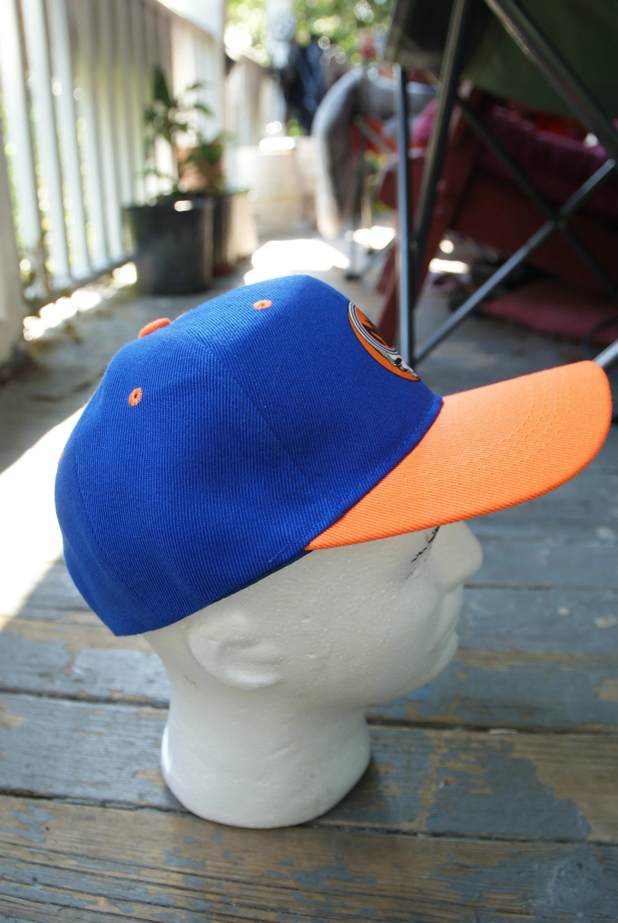 Jalen Brunson NY Knicks Grateful Dead Stealie Hat, NYC Orange Blue Mashup Duck Bill Cap, Deadhead Basketball Velcro Closure Hat