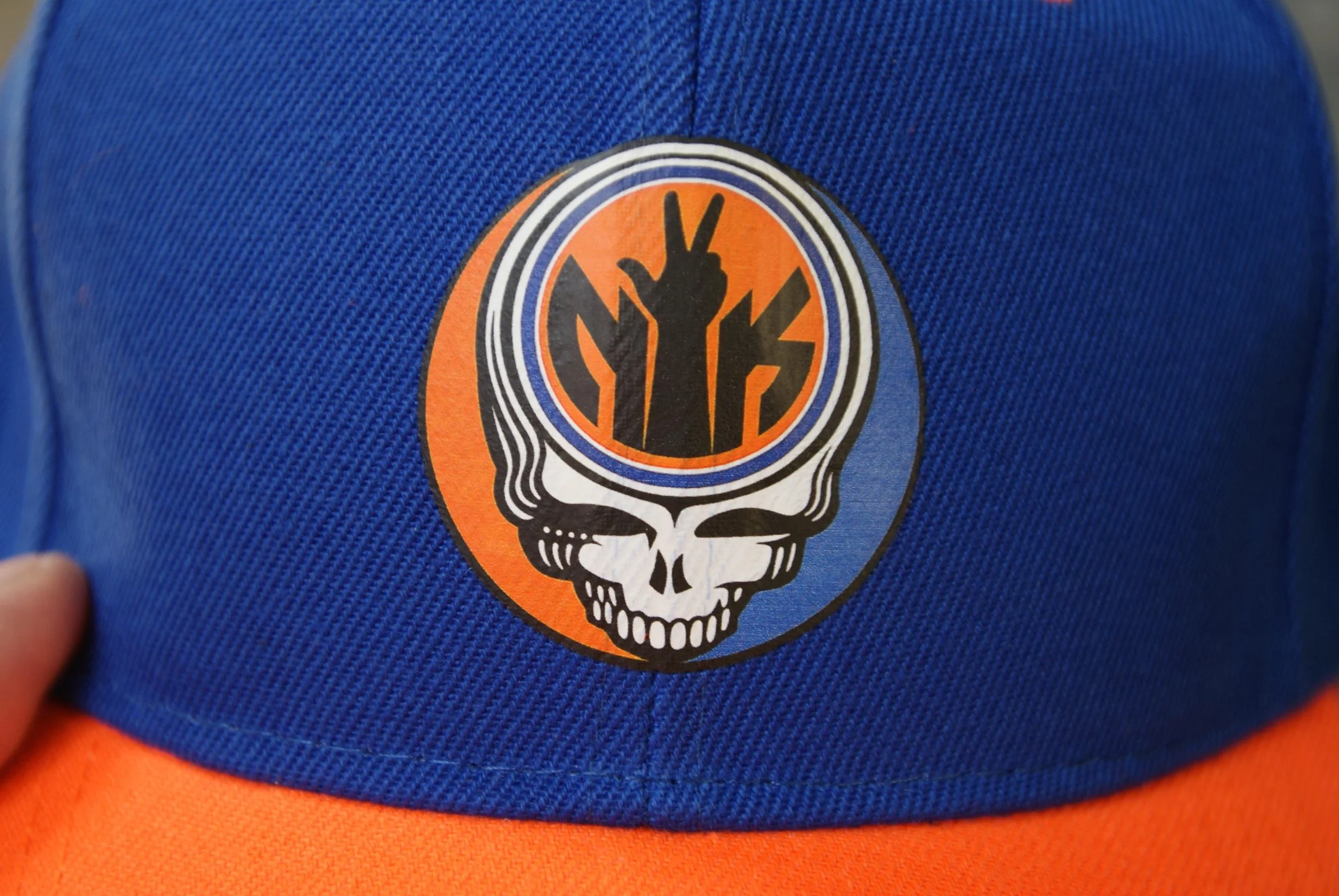 Jalen Brunson NY Knicks Grateful Dead Stealie Hat, NYC Orange Blue Mashup Duck Bill Cap, Deadhead Basketball Velcro Closure Hat
