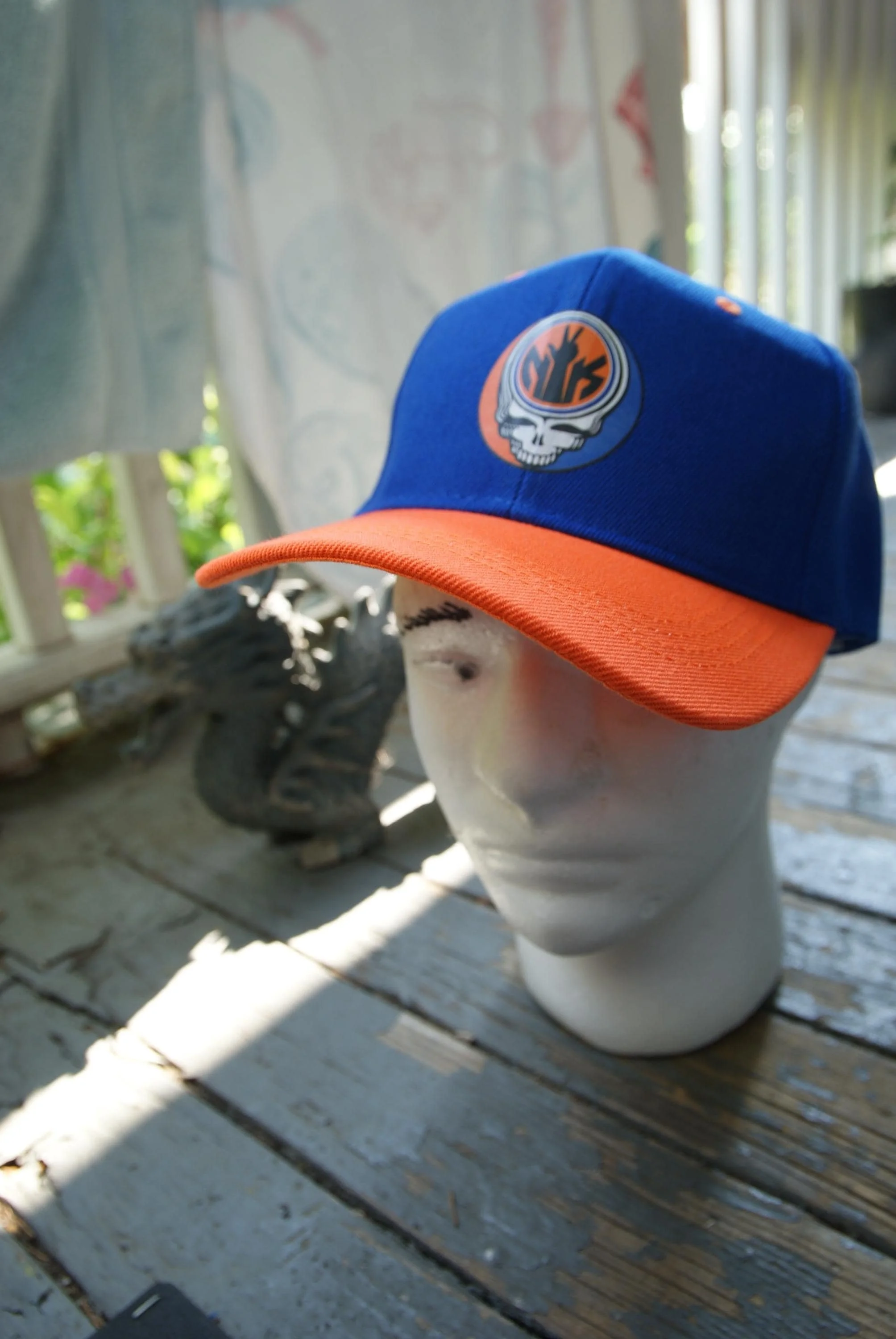 Jalen Brunson NY Knicks Grateful Dead Stealie Hat, NYC Orange Blue Mashup Duck Bill Cap, Deadhead Basketball Velcro Closure Hat