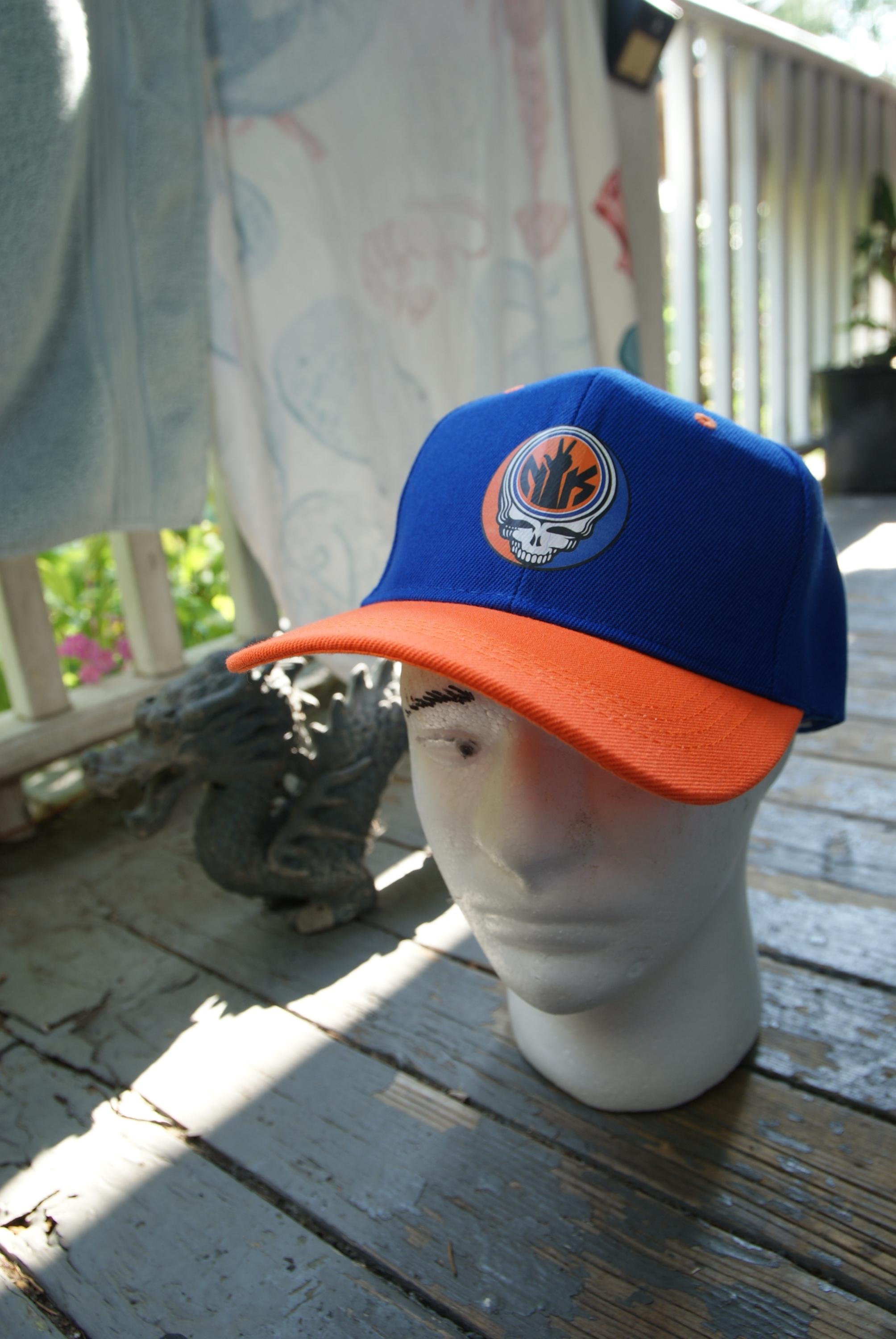 Jalen Brunson NY Knicks Grateful Dead Stealie Hat, NYC Orange Blue Mashup Duck Bill Cap, Deadhead Basketball Velcro Closure Hat