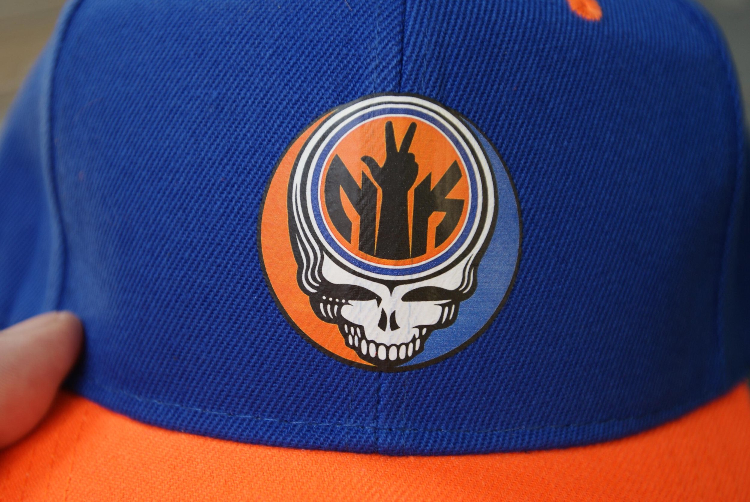 Jalen Brunson NY Knicks Grateful Dead Stealie Hat, NYC Orange Blue Mashup Duck Bill Cap, Deadhead Basketball Velcro Closure Hat