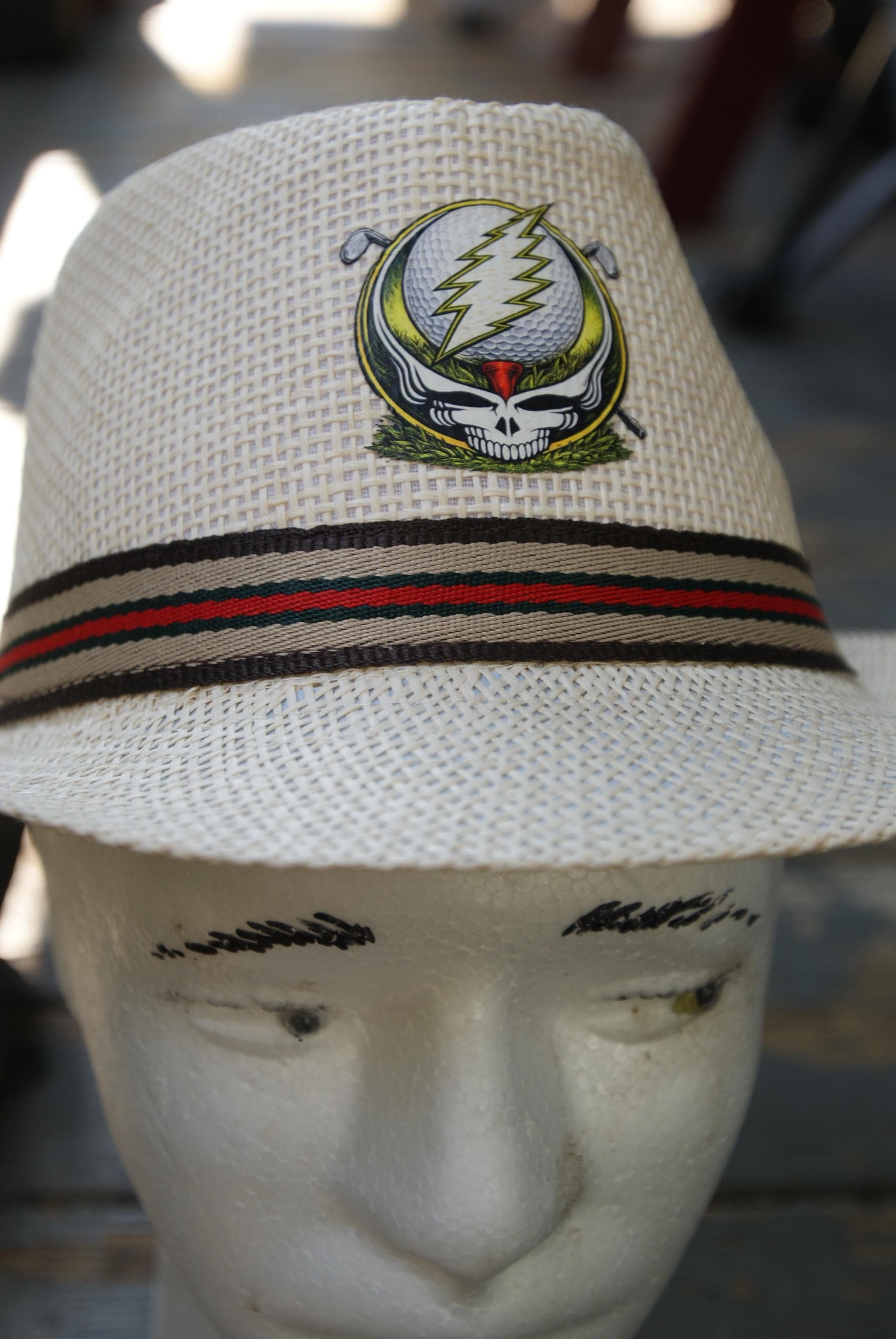 Grateful Dead Inspired Fedora Hat, Golf Stealie Straw Summer Hat, Psychedelic Deadhead Festival Golf Hat, One of One Artifact OOAK