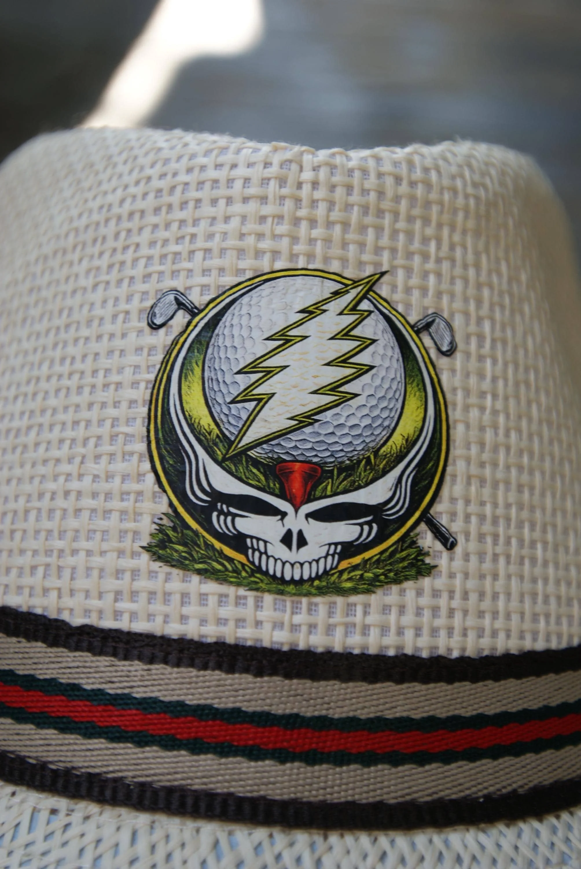 Grateful Dead Inspired Fedora Hat, Golf Stealie Straw Summer Hat, Psychedelic Deadhead Festival Golf Hat, One of One Artifact OOAK