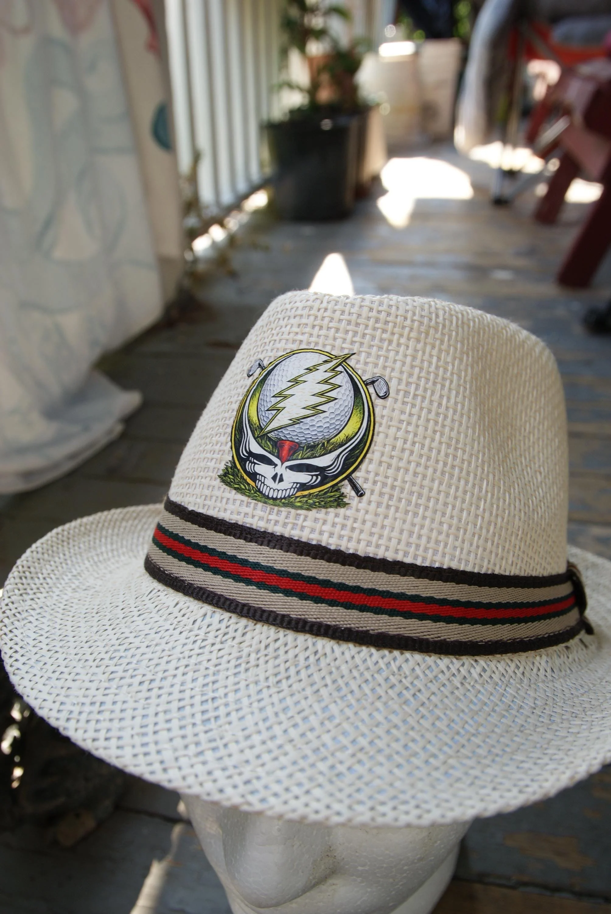 Grateful Dead Inspired Fedora Hat, Golf Stealie Straw Summer Hat, Psychedelic Deadhead Festival Golf Hat, One of One Artifact OOAK