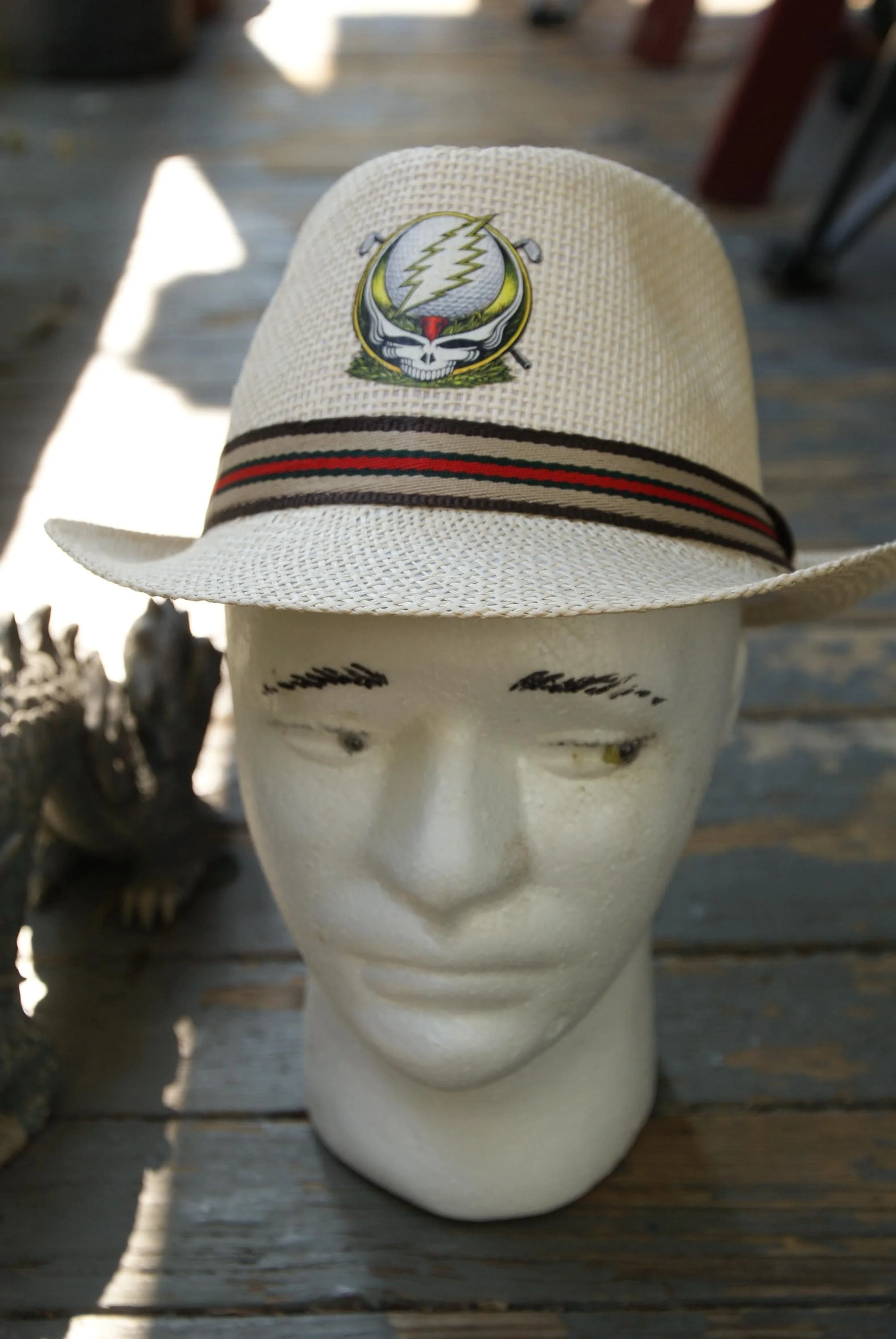 Grateful Dead Inspired Fedora Hat, Golf Stealie Straw Summer Hat, Psychedelic Deadhead Festival Golf Hat, One of One Artifact OOAK