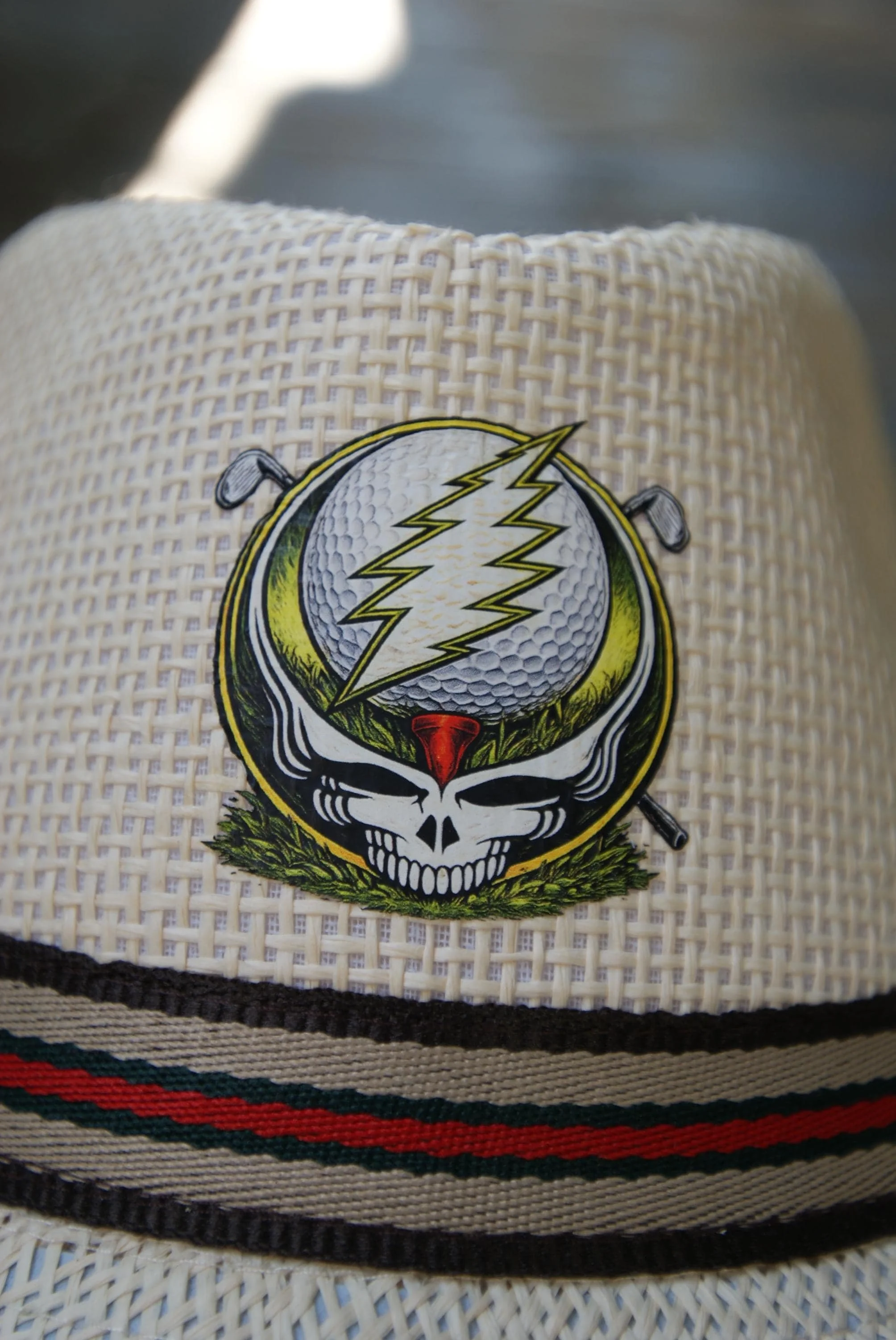 Grateful Dead Inspired Fedora Hat, Golf Stealie Straw Summer Hat, Psychedelic Deadhead Festival Golf Hat, One of One Artifact OOAK