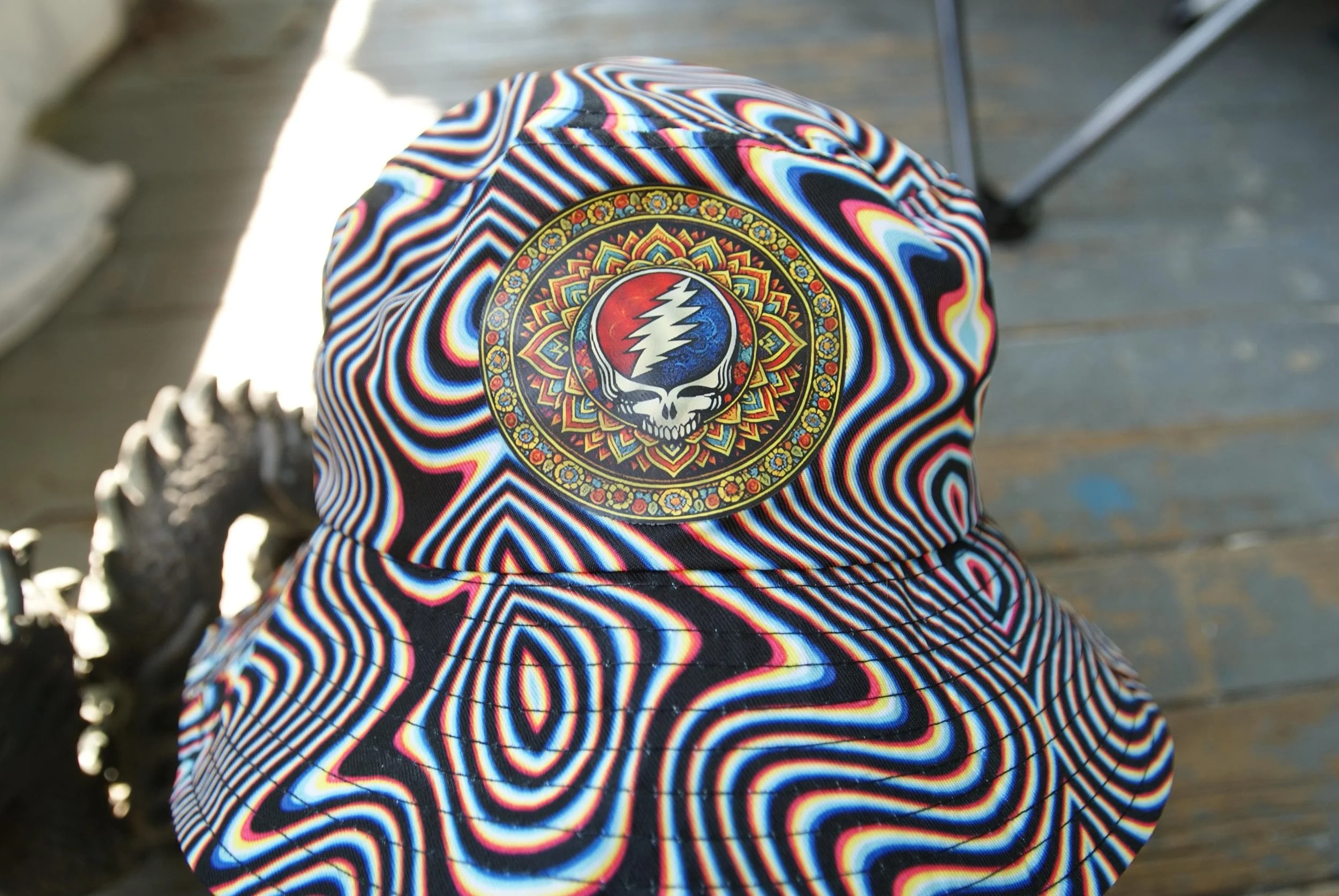 Grateful Dead Mandala Stealie Bucket Hat, Psychedelic Color Shifting Swirl Hat, Steal Your Face Deadhead Festival Cap