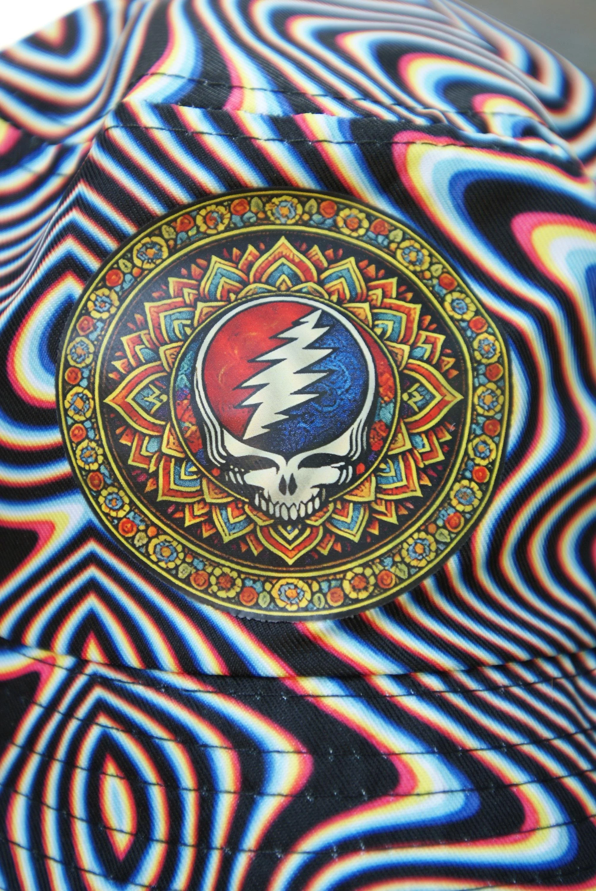 Grateful Dead Mandala Stealie Bucket Hat, Psychedelic Color Shifting Swirl Hat, Steal Your Face Deadhead Festival Cap
