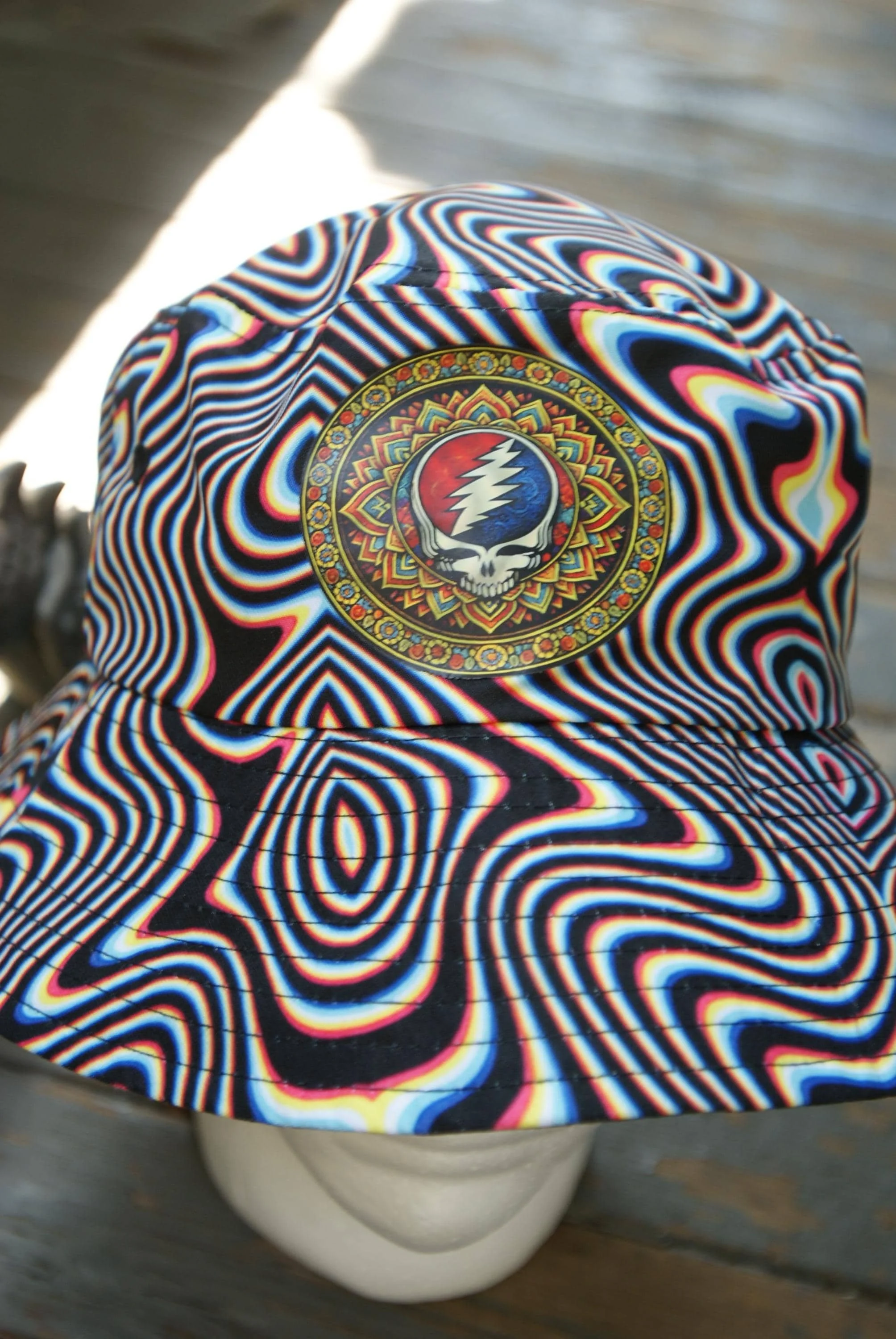 Grateful Dead Mandala Stealie Bucket Hat, Psychedelic Color Shifting Swirl Hat, Steal Your Face Deadhead Festival Cap