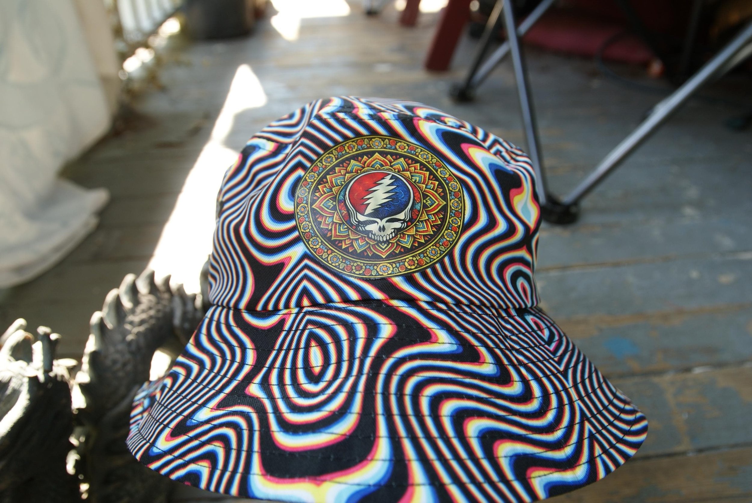 Grateful Dead Mandala Stealie Bucket Hat, Psychedelic Color Shifting Swirl Hat, Steal Your Face Deadhead Festival Cap