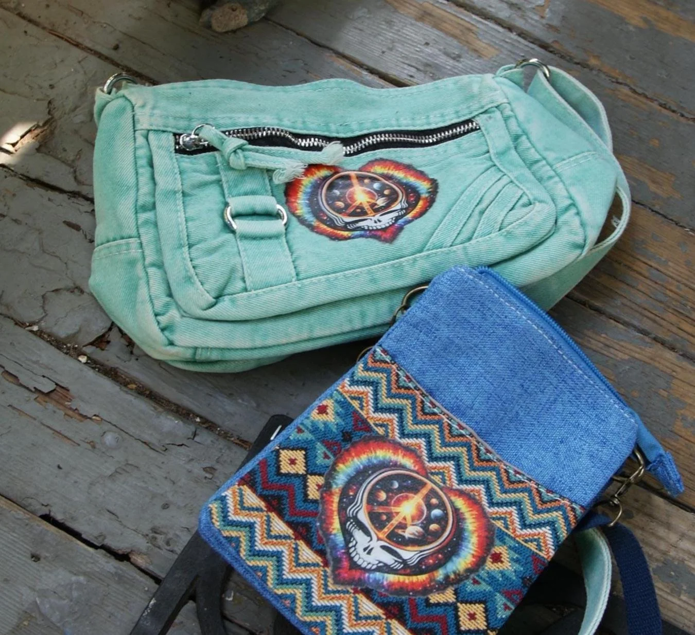 Cyan Denim Peace and Love Stealie Small Bag, Grateful Dead Inspired Shoulder Bag, Deadhead Festival Crossbody Purse