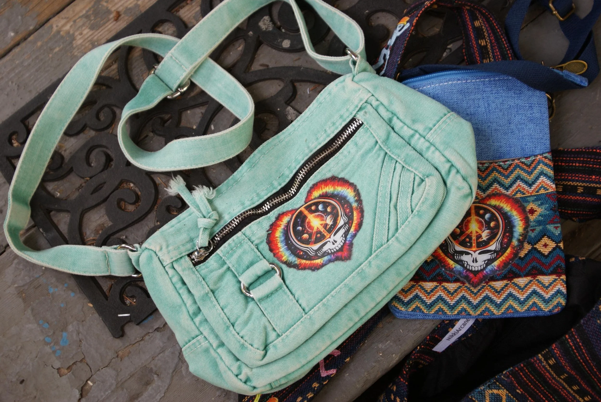 Cyan Denim Peace and Love Stealie Small Bag, Grateful Dead Inspired Shoulder Bag, Deadhead Festival Crossbody Purse