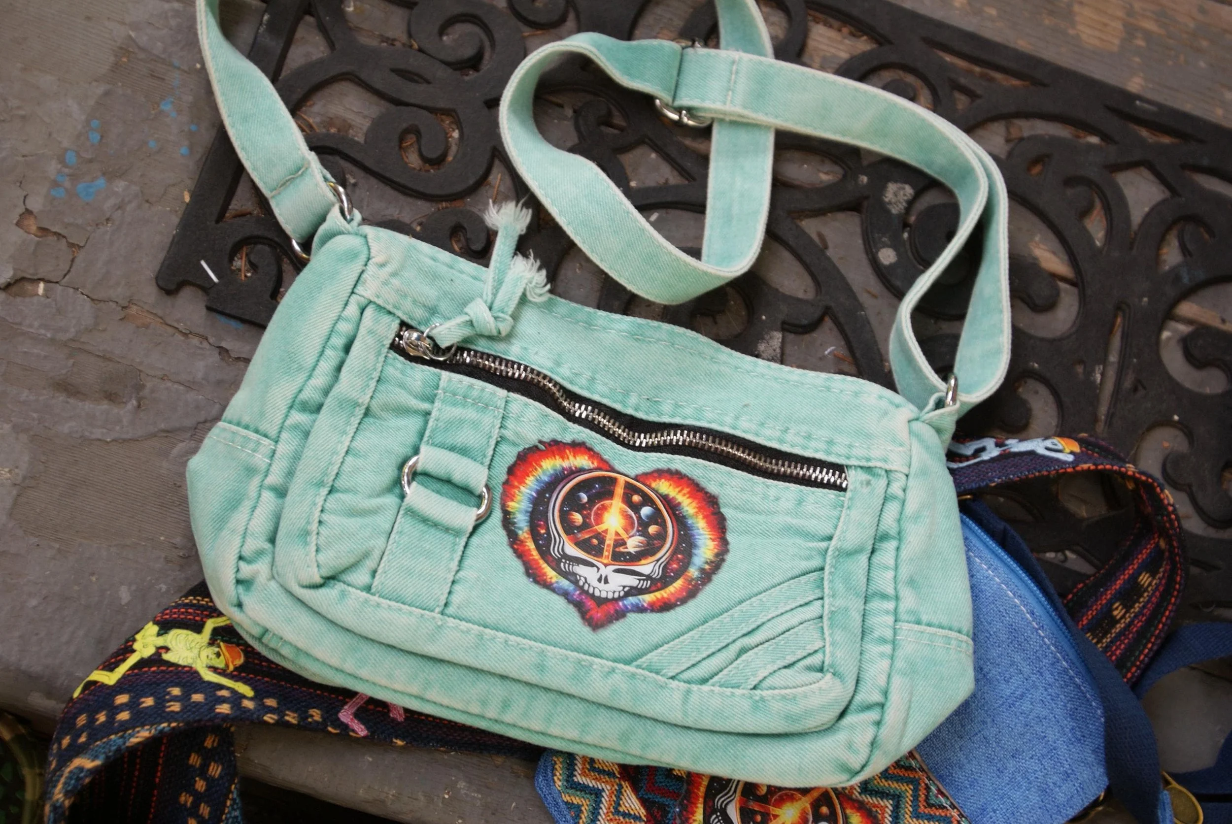 Cyan Denim Peace and Love Stealie Small Bag, Grateful Dead Inspired Shoulder Bag, Deadhead Festival Crossbody Purse