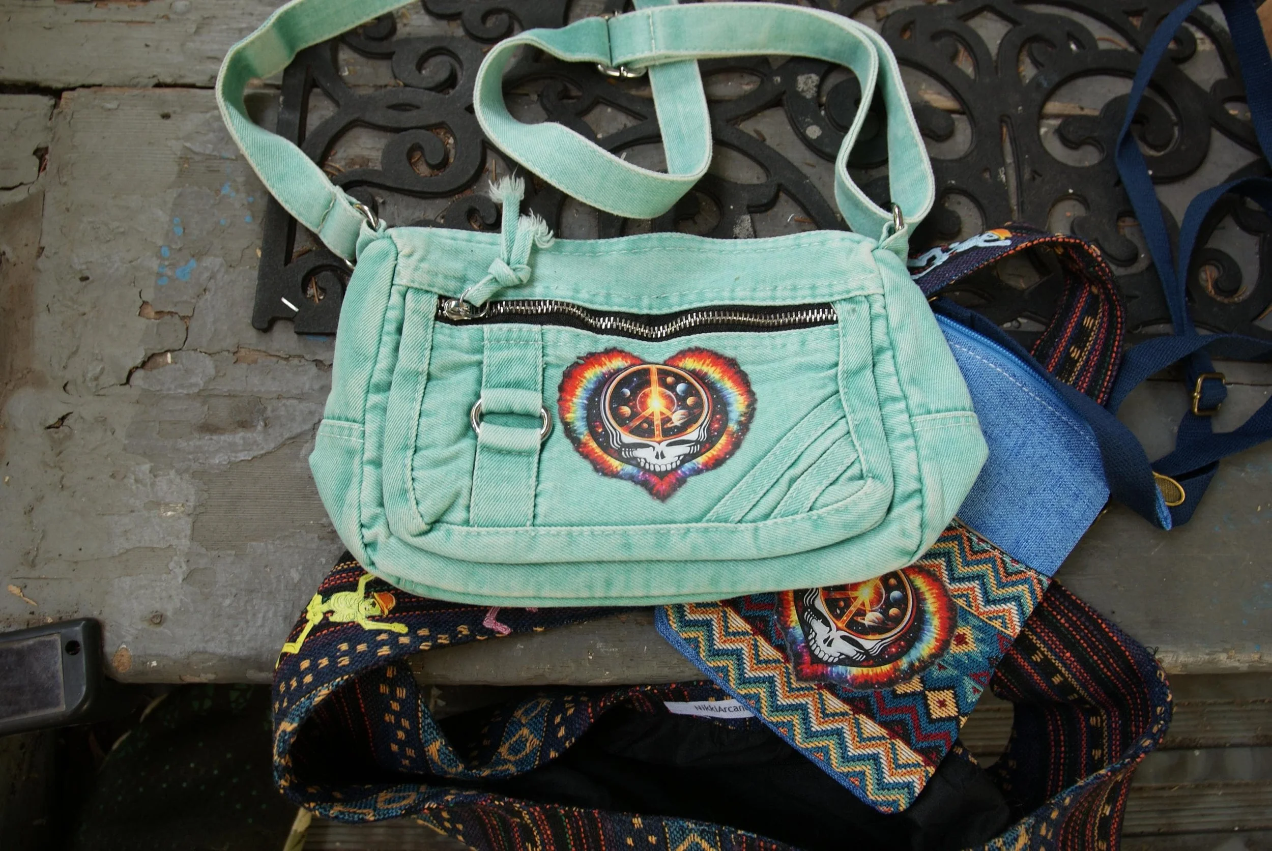 Cyan Denim Peace and Love Stealie Small Bag, Grateful Dead Inspired Shoulder Bag, Deadhead Festival Crossbody Purse