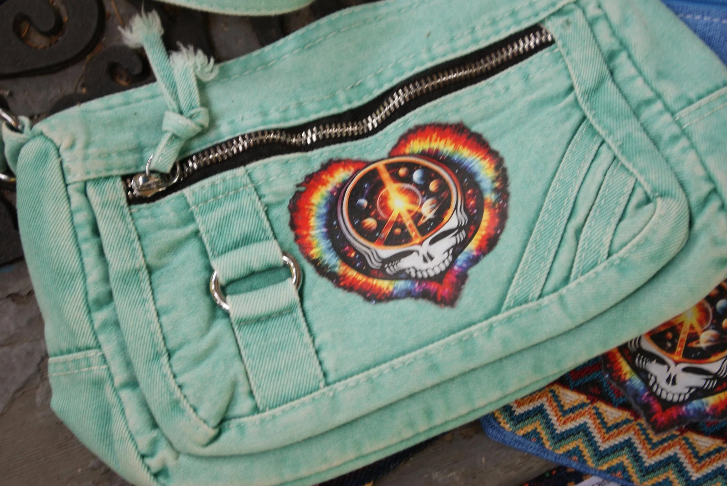 Cyan Denim Peace and Love Stealie Small Bag, Grateful Dead Inspired Shoulder Bag, Deadhead Festival Crossbody Purse