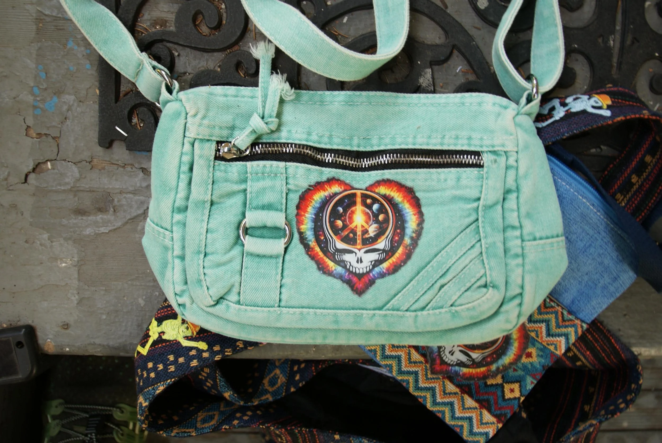 Cyan Denim Peace and Love Stealie Small Bag, Grateful Dead Inspired Shoulder Bag, Deadhead Festival Crossbody Purse