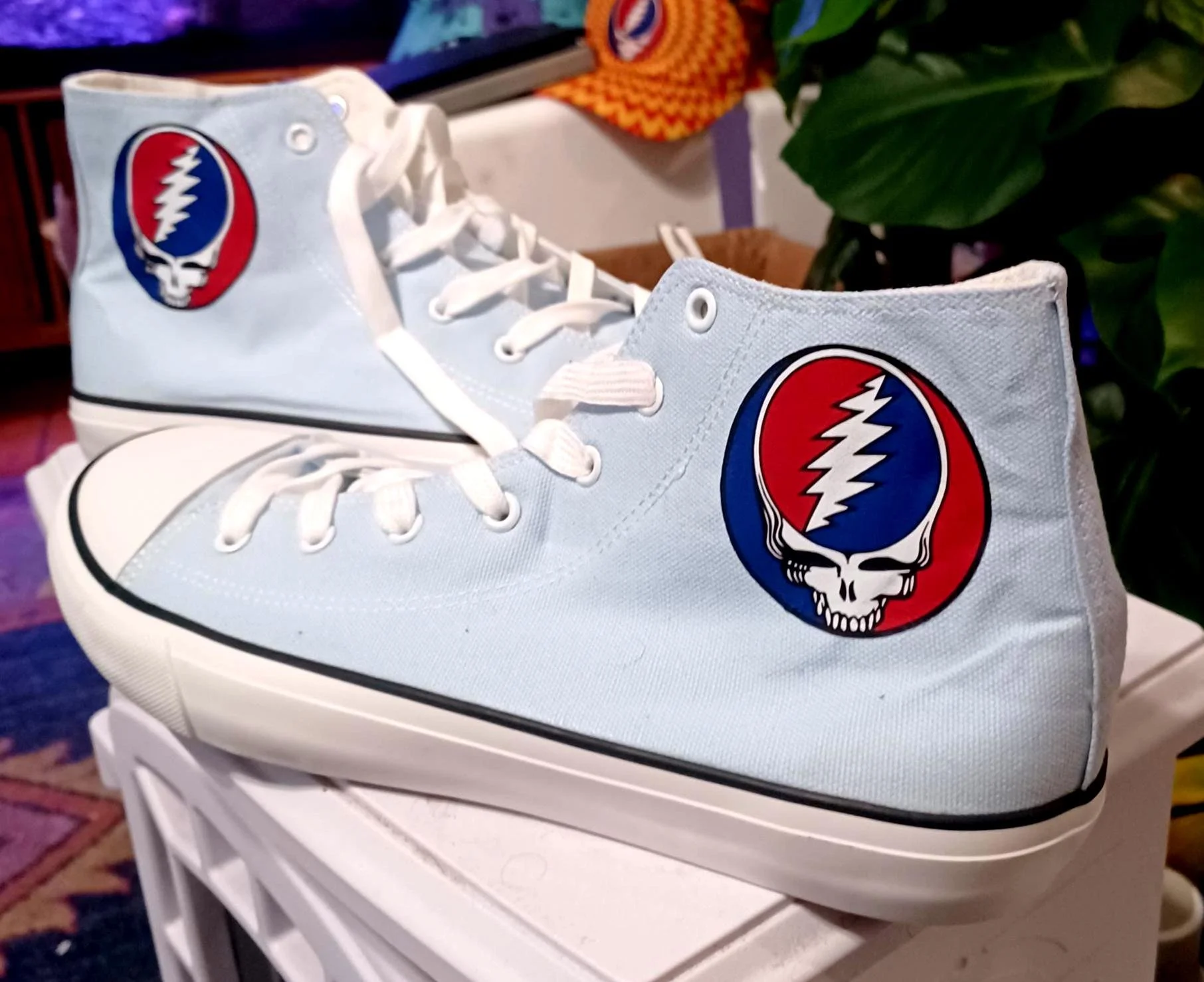 Light Blue Stealie High Top Sneakers Size 12 | Grateful Dead Inspired Canvas Shoes | Festival Sneakers | Boho Music Lover Gift
