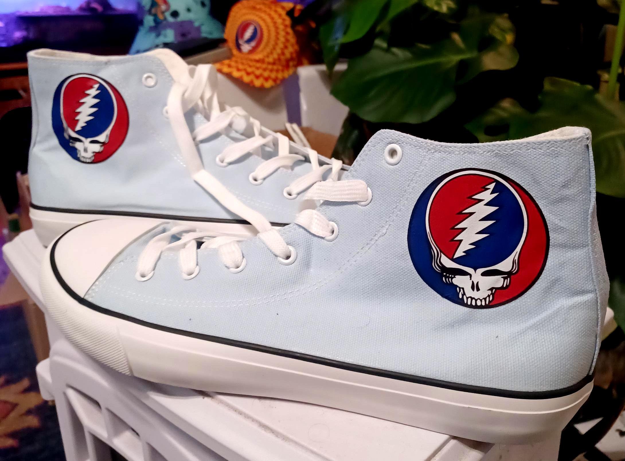 Light Blue Stealie High Top Sneakers Size 12 | Grateful Dead Inspired Canvas Shoes | Festival Sneakers | Boho Music Lover Gift