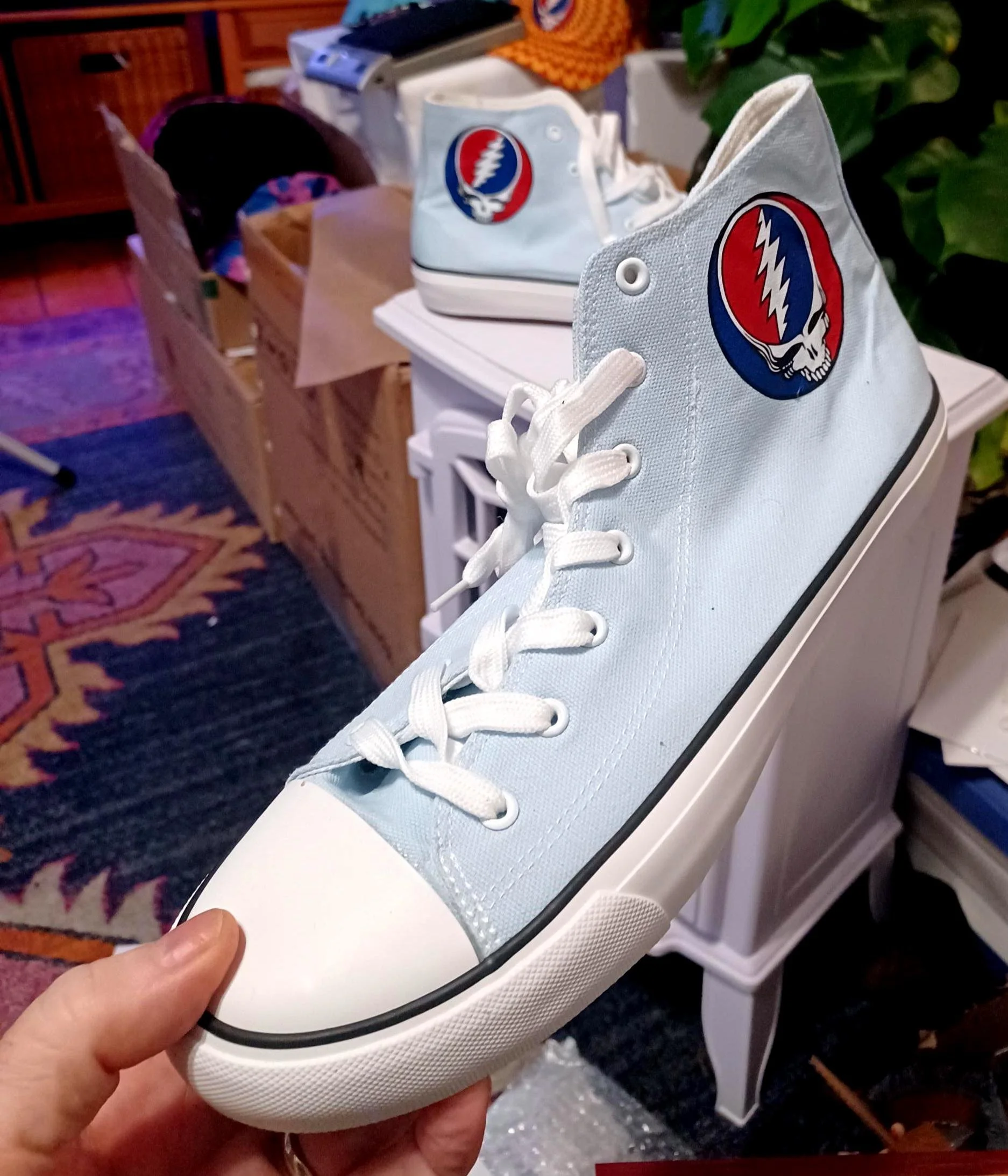 Light Blue Stealie High Top Sneakers Size 12 | Grateful Dead Inspired Canvas Shoes | Festival Sneakers | Boho Music Lover Gift