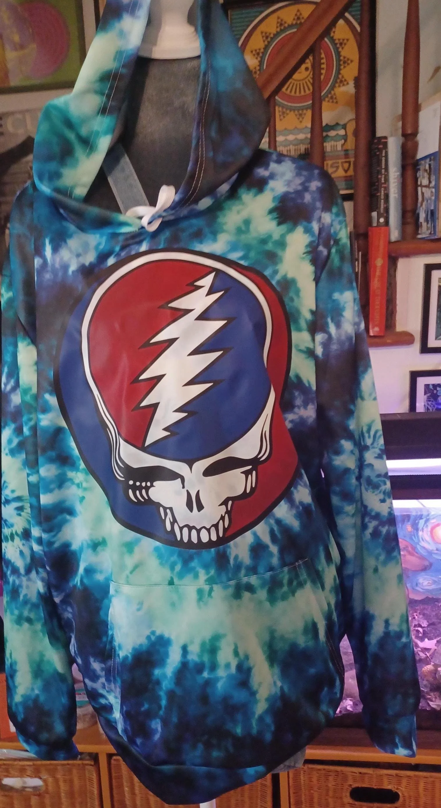 Grateful Dead Blue Tie Dye Hoodie | Massive 16" Stealie Front Graphic | Lightweight Festival | Psychedelic Deadhead Sweatshirt | Small Batch