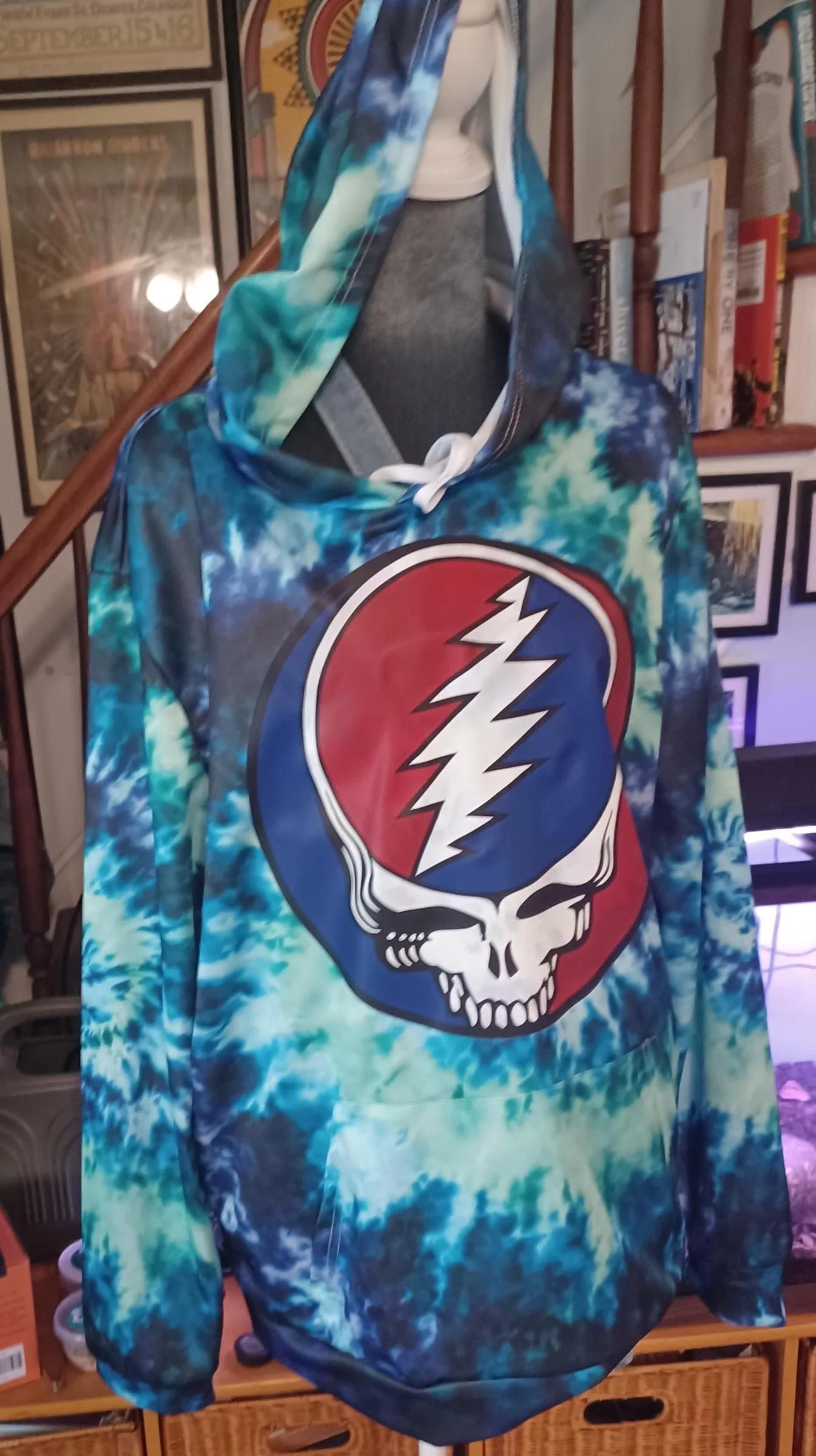Grateful Dead Blue Tie Dye Hoodie | Massive 16" Stealie Front Graphic | Lightweight Festival | Psychedelic Deadhead Sweatshirt | Small Batch