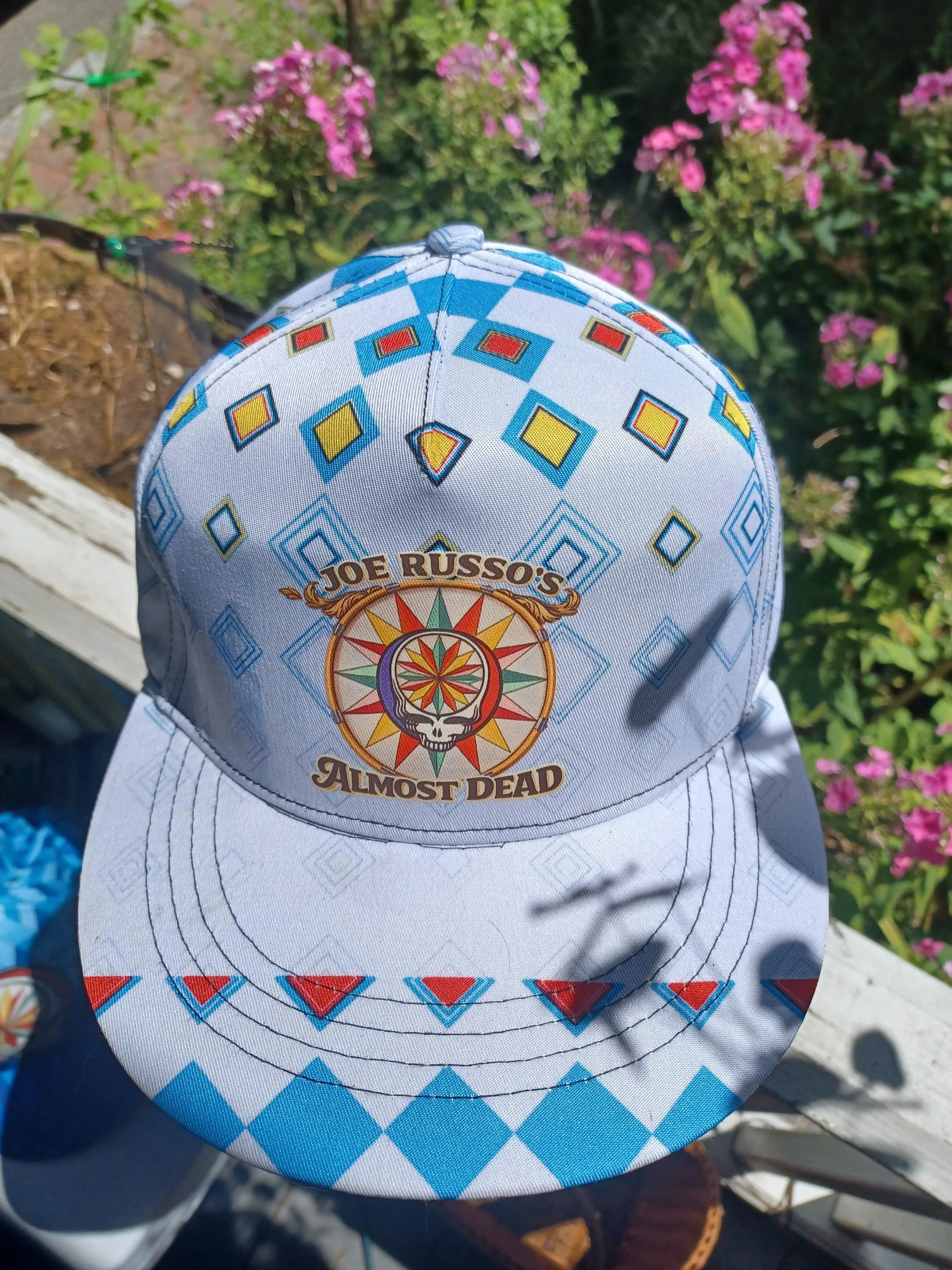 JRAD White Geometric Snapback Hat | Joe Russo's Almost Dead Stealie Bass Drum Head | Psychedelic Festival Cap... One of One and sexy