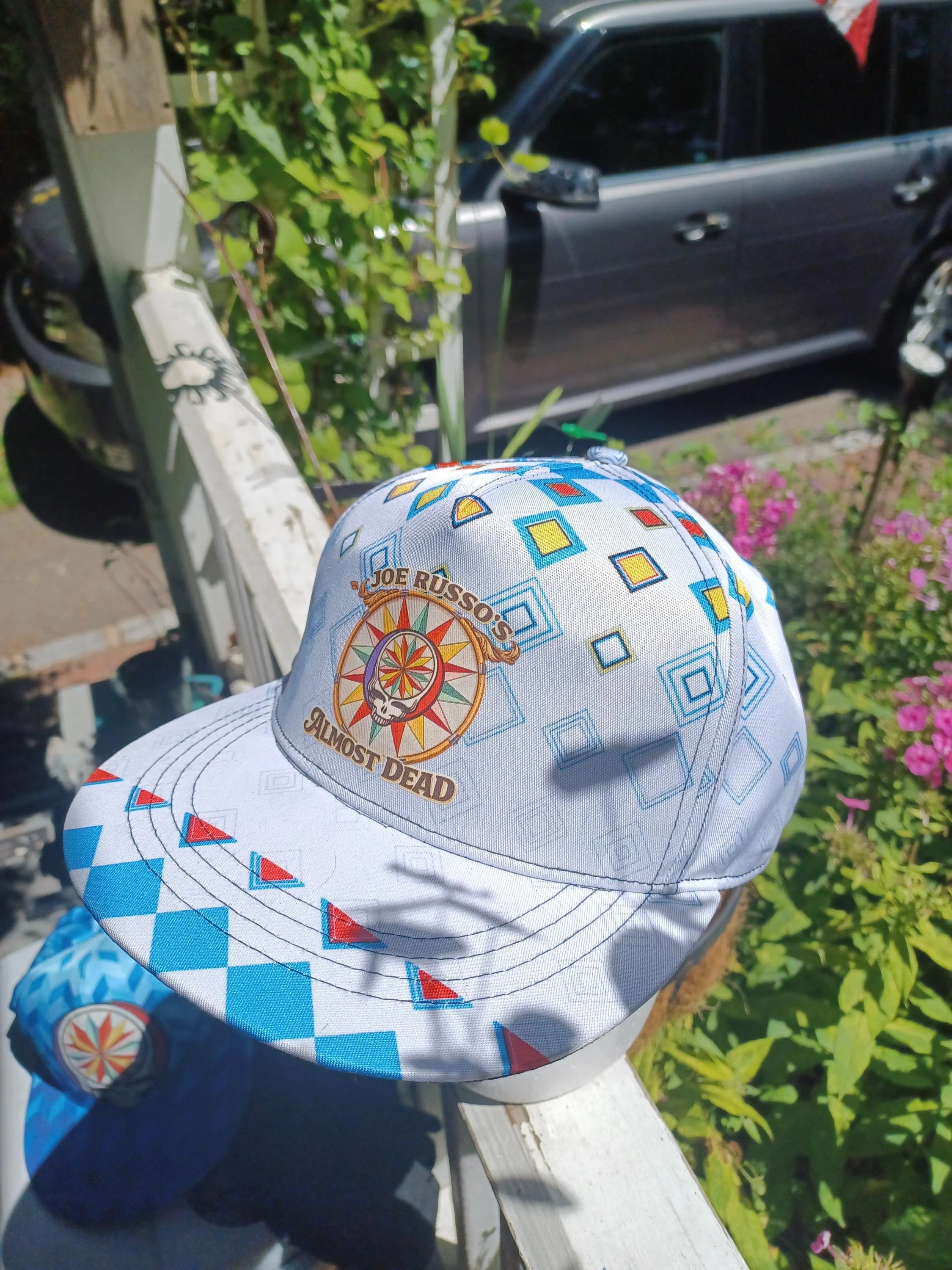 JRAD White Geometric Snapback Hat | Joe Russo's Almost Dead Stealie Bass Drum Head | Psychedelic Festival Cap... One of One and sexy