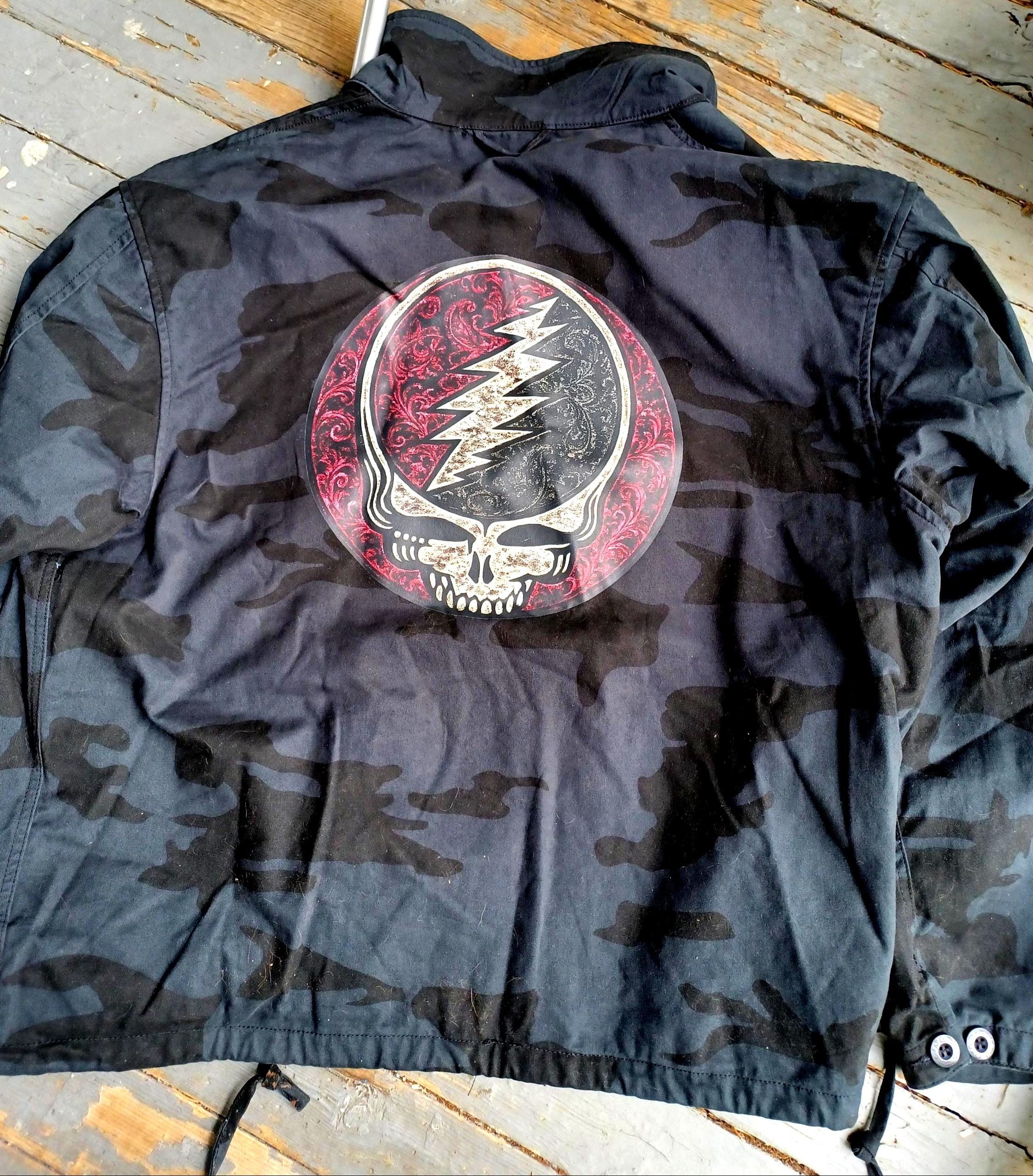 Black Stealth Camo Field Jacket | Distressed Grateful Dead Inspired Full Stealie Back | One-of-One Military Utility Jacket | XXL Fit