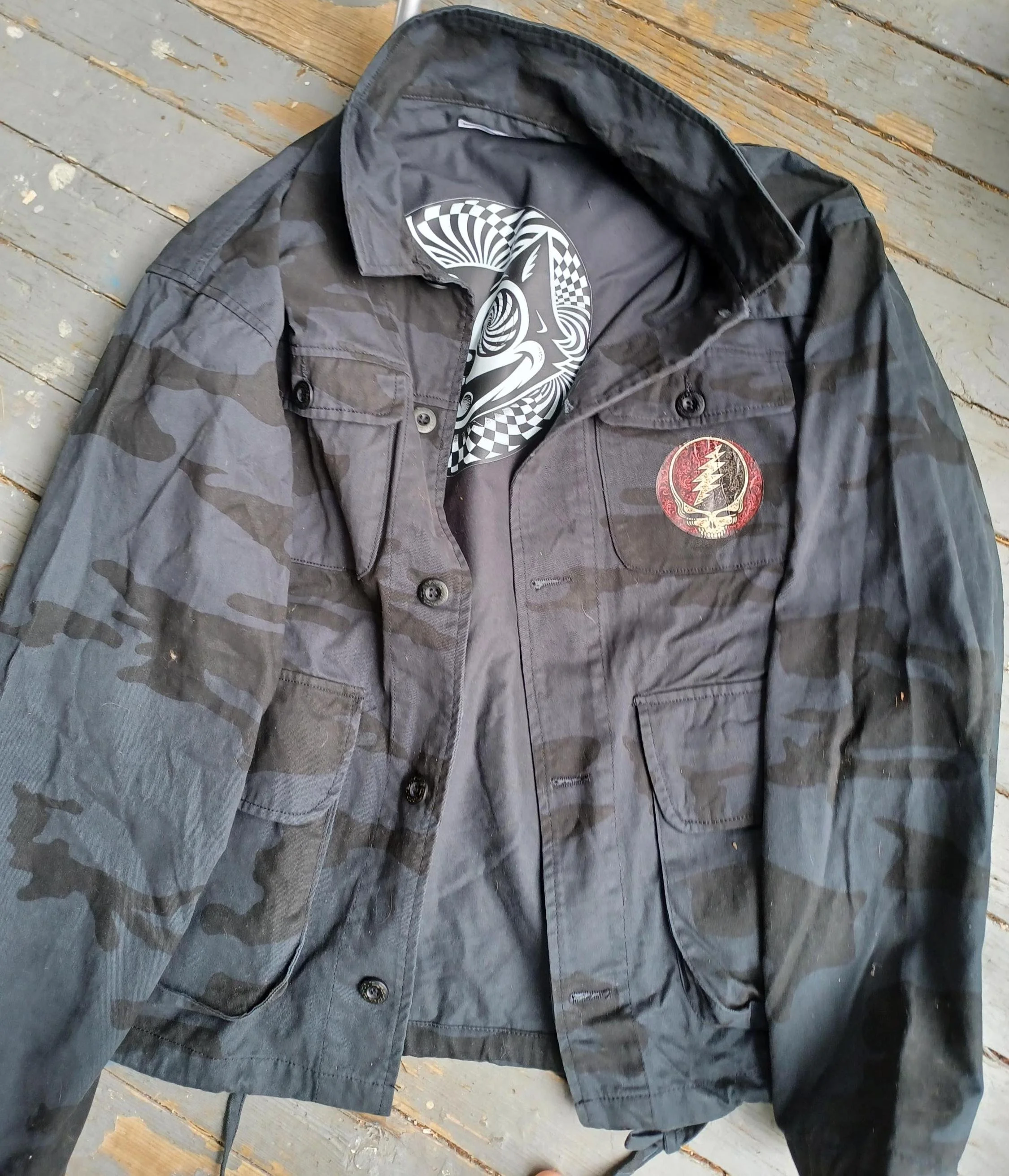 Black Stealth Camo Field Jacket | Distressed Grateful Dead Inspired Full Stealie Back | One-of-One Military Utility Jacket | XXL Fit