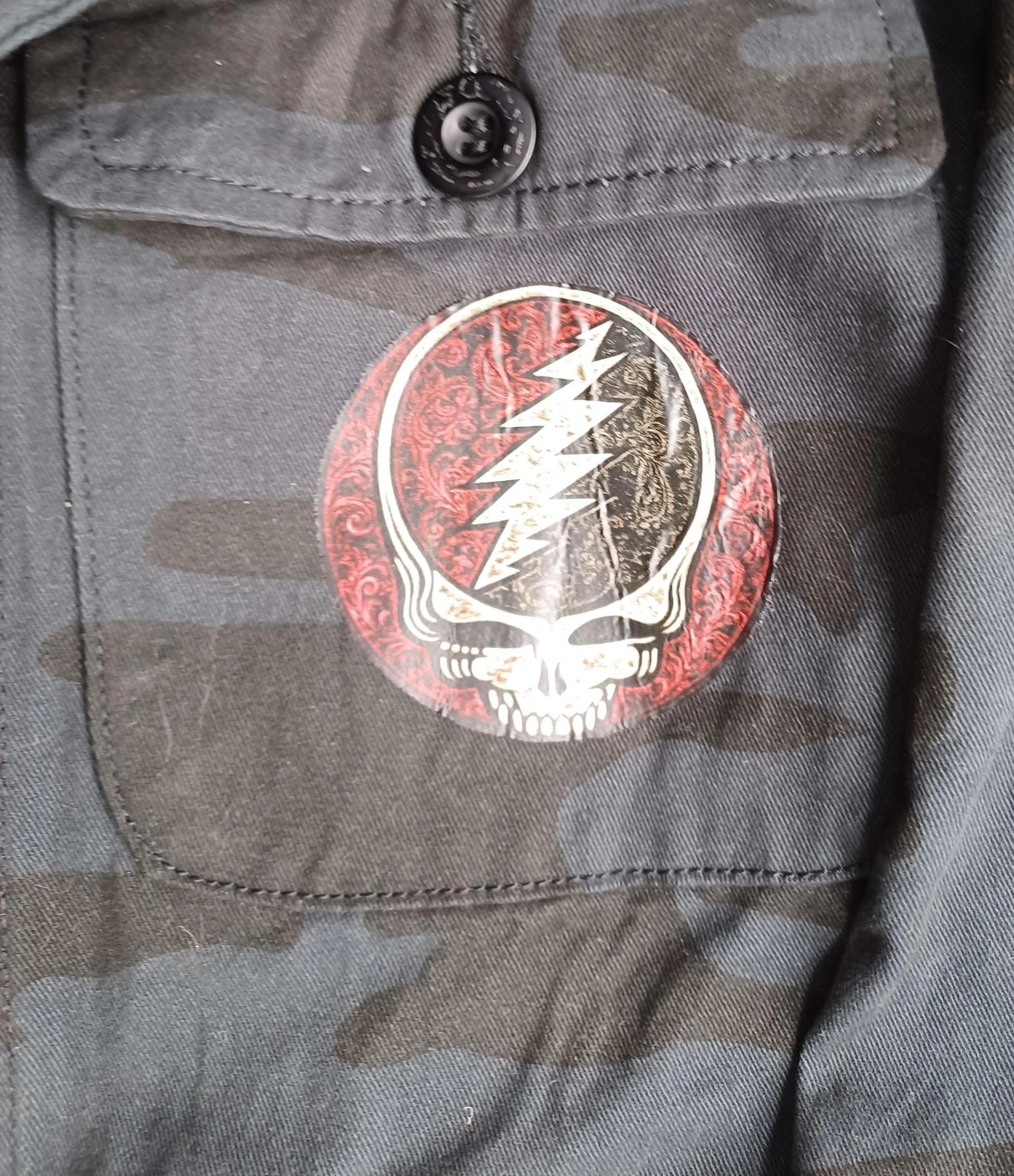 Black Stealth Camo Field Jacket | Distressed Grateful Dead Inspired Full Stealie Back | One-of-One Military Utility Jacket | XXL Fit