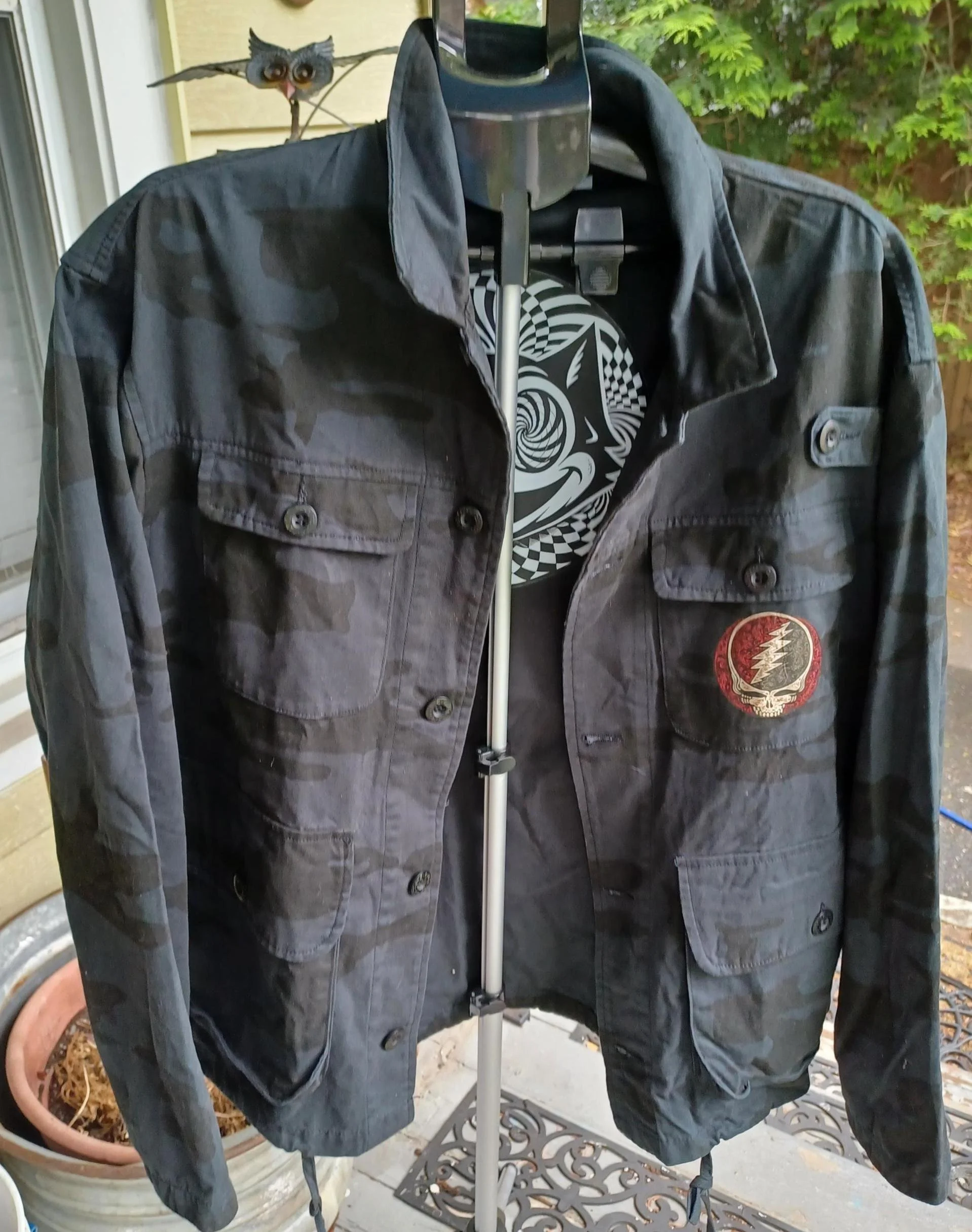 Black Stealth Camo Field Jacket | Distressed Grateful Dead Inspired Full Stealie Back | One-of-One Military Utility Jacket | XXL Fit