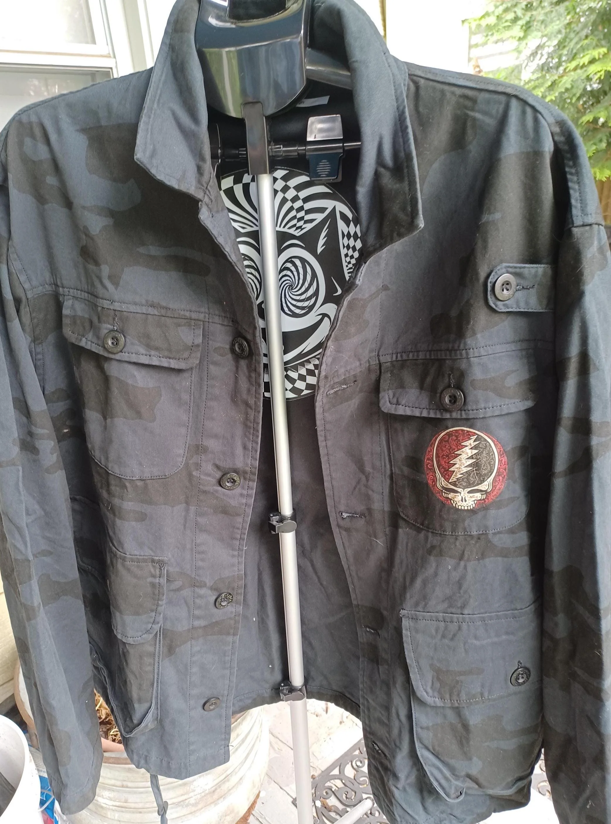 Black Stealth Camo Field Jacket | Distressed Grateful Dead Inspired Full Stealie Back | One-of-One Military Utility Jacket | XXL Fit