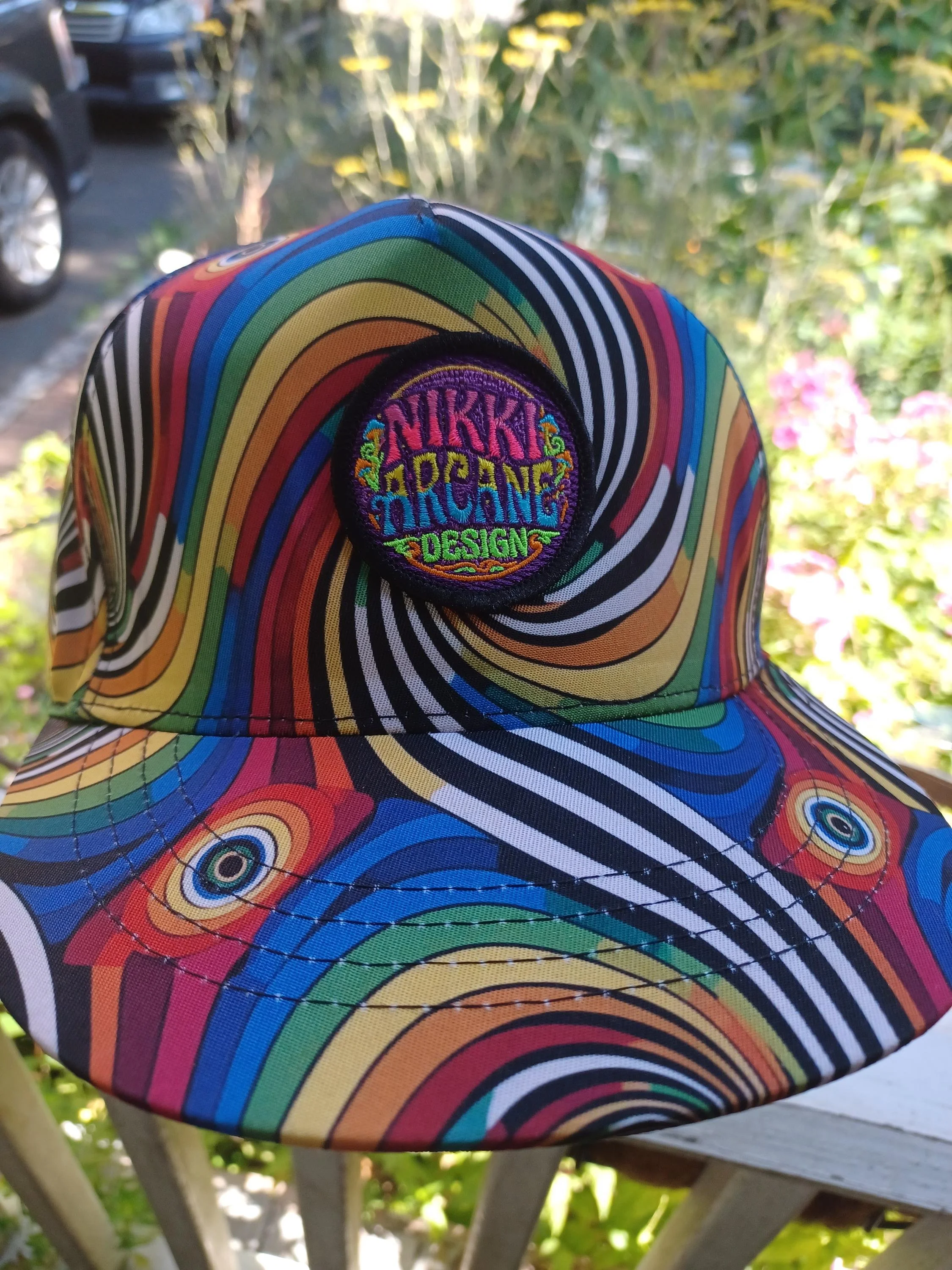 Nikki Vortex 5-Panel Snapback | Psychedelic Spinning Vortex Hat | NikkiArcane Embroidered Appliqué | One-of-One Festival Artifact