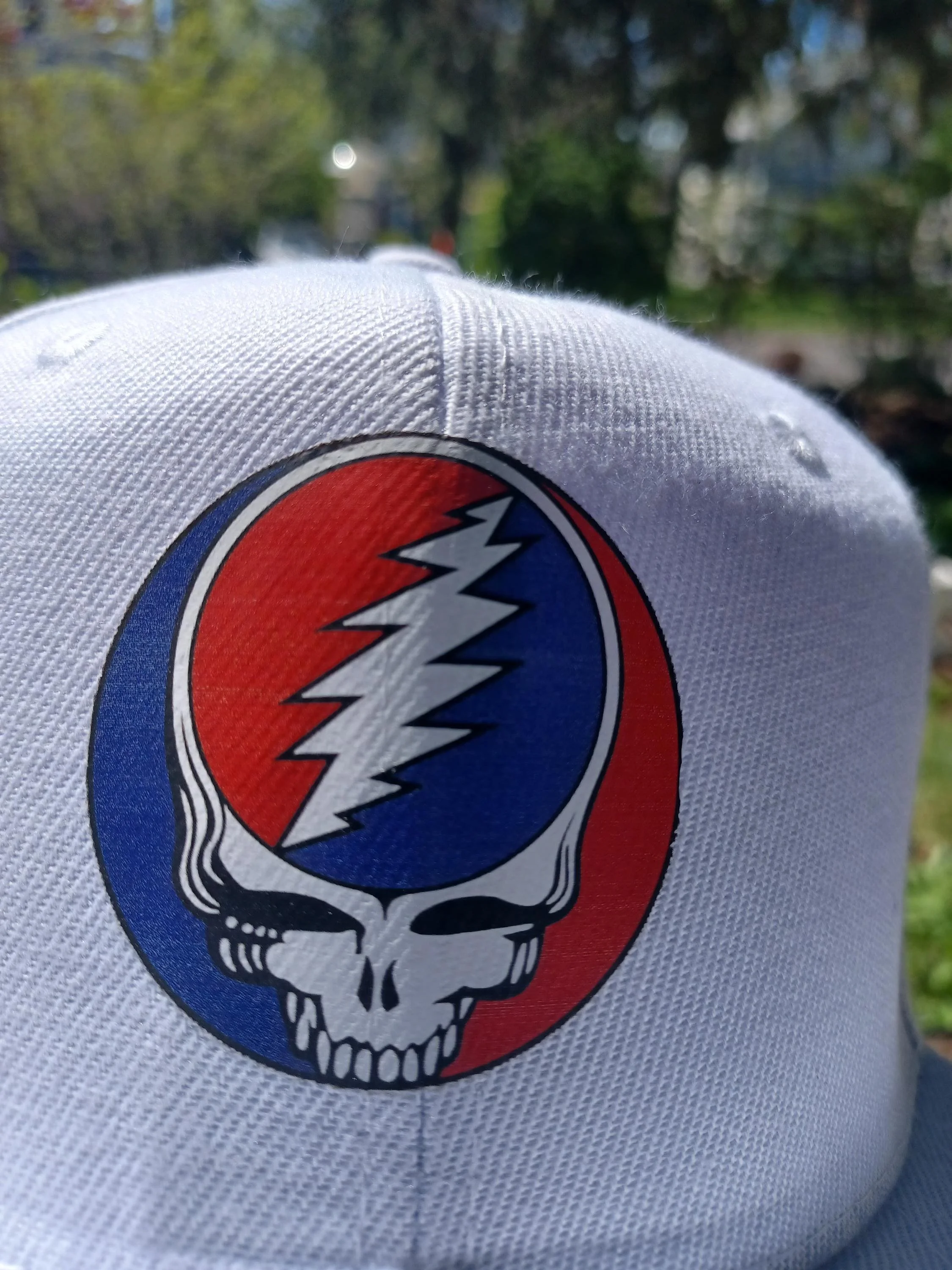 Grateful Dead Inspired Stealie Snapback Hat | White Flat Brim Festival Cap | Minimal Streetwear | Hand Finished