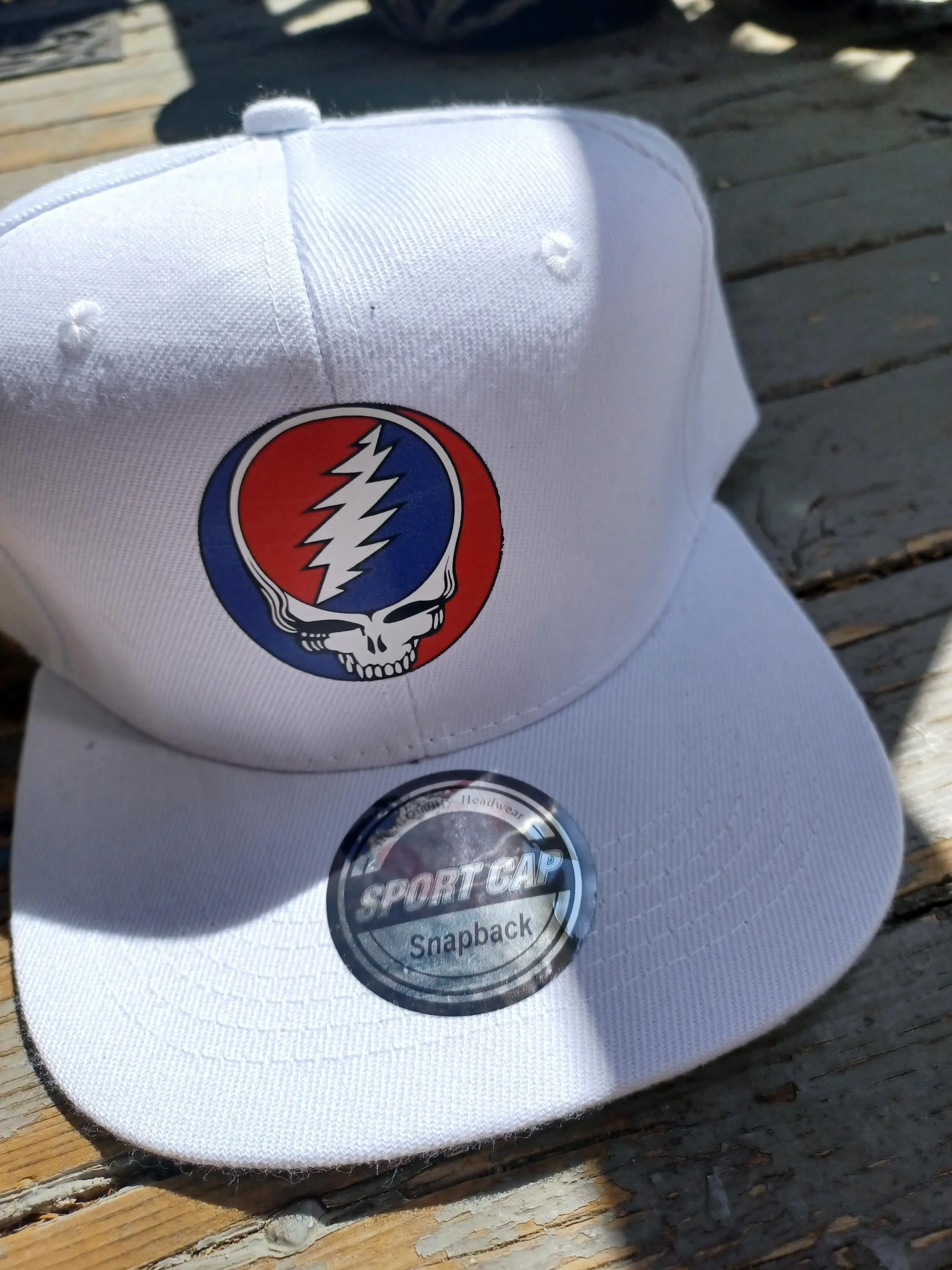 Grateful Dead Inspired Stealie Snapback Hat | White Flat Brim Festival Cap | Minimal Streetwear | Hand Finished