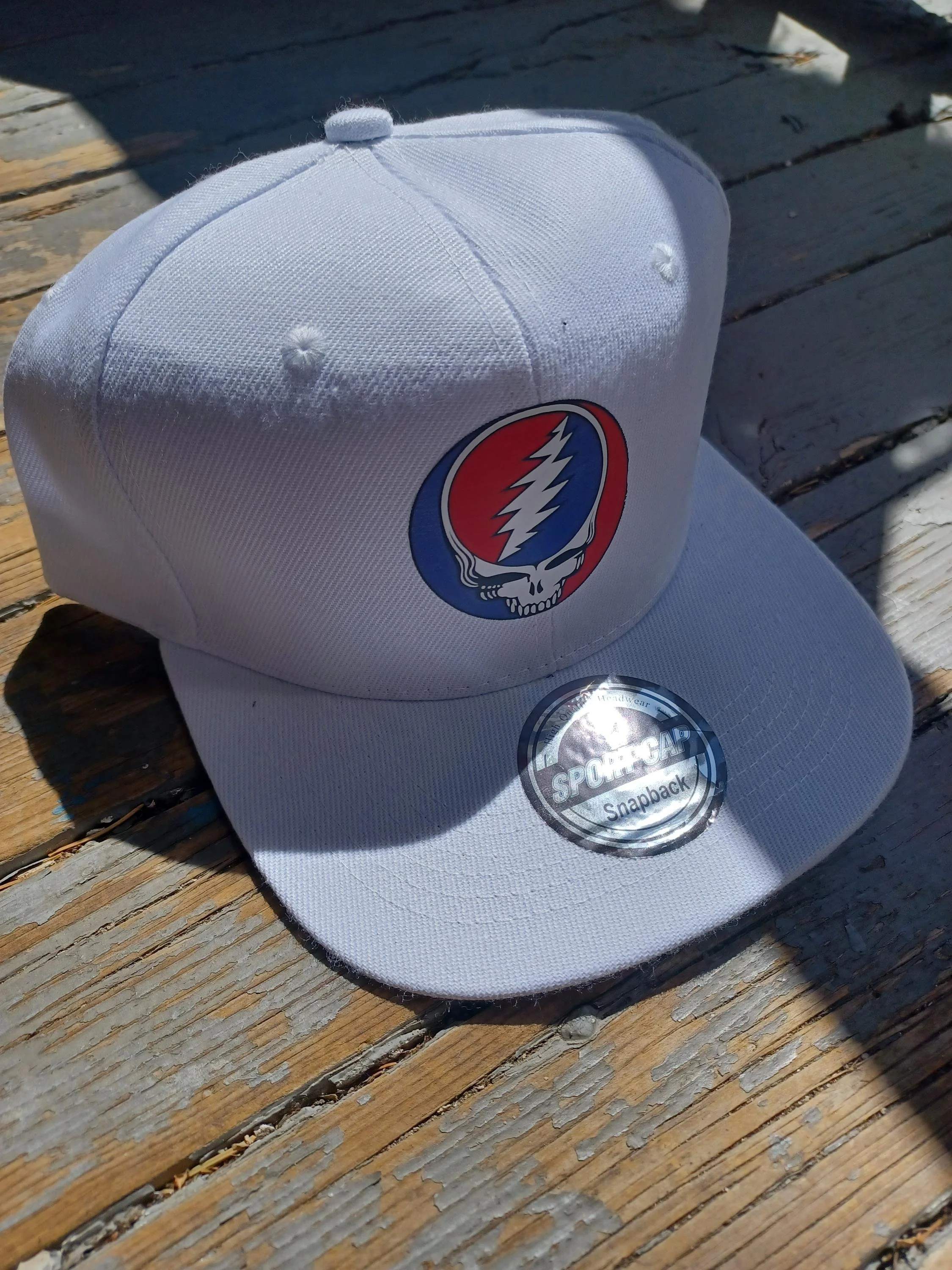 Grateful Dead Inspired Stealie Snapback Hat | White Flat Brim Festival Cap | Minimal Streetwear | Hand Finished