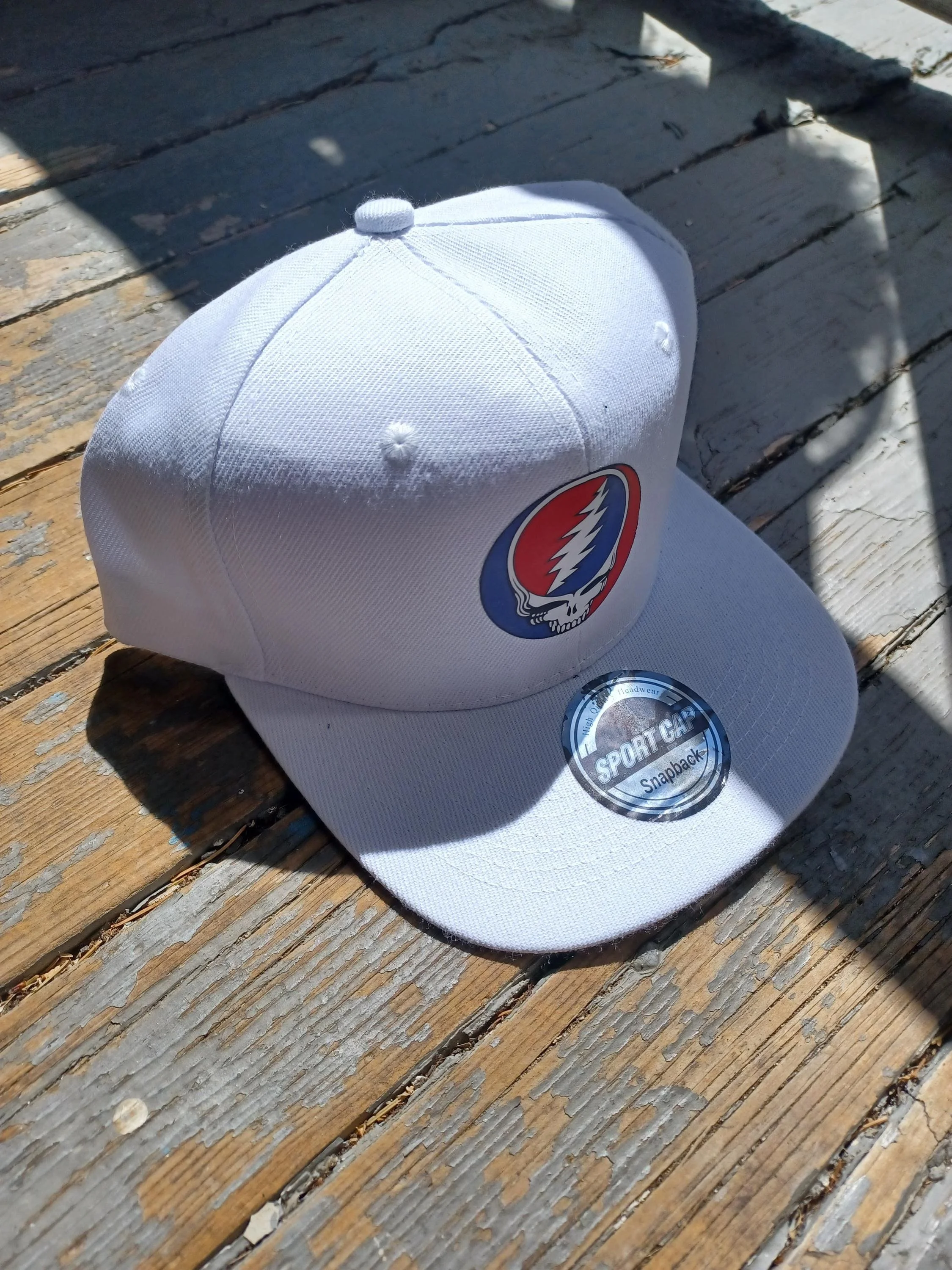 Grateful Dead Inspired Stealie Snapback Hat | White Flat Brim Festival Cap | Minimal Streetwear | Hand Finished