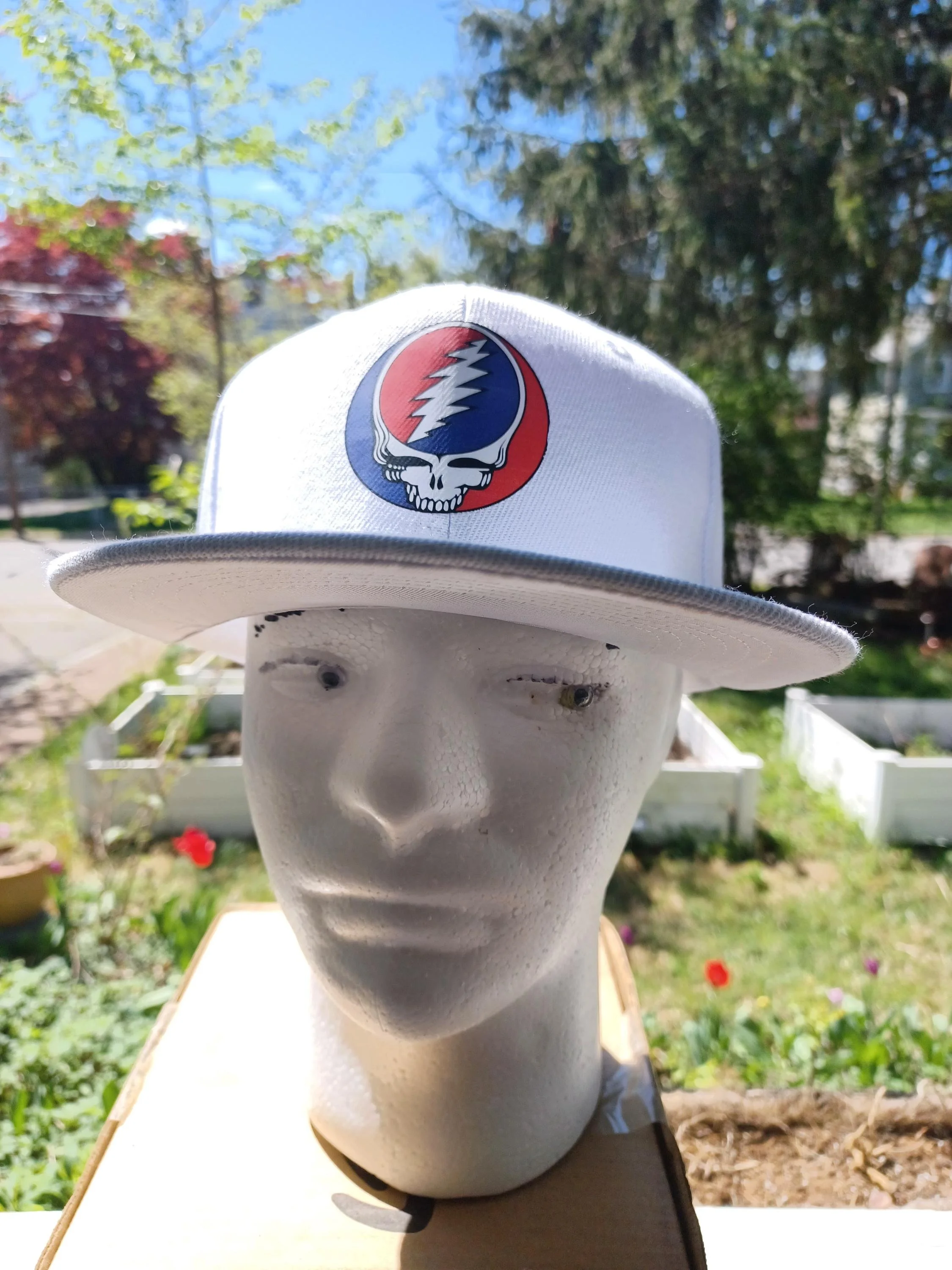 Grateful Dead Inspired Stealie Snapback Hat | White Flat Brim Festival Cap | Minimal Streetwear | Hand Finished
