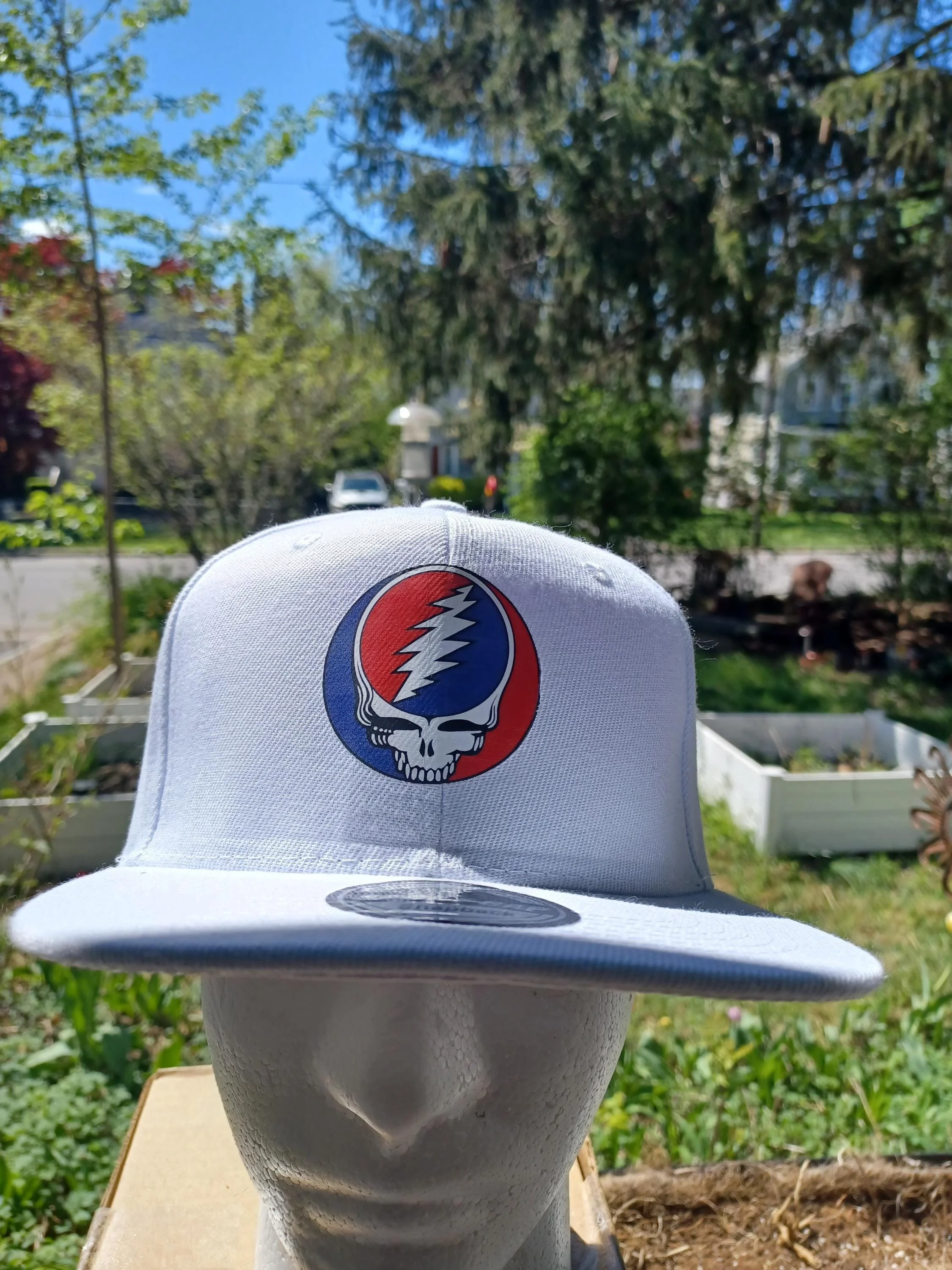 Grateful Dead Inspired Stealie Snapback Hat | White Flat Brim Festival Cap | Minimal Streetwear | Hand Finished