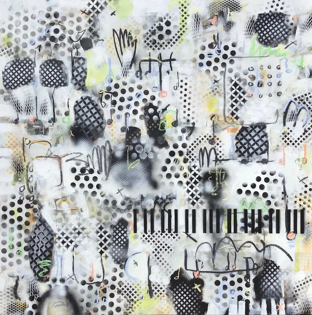 Abstract art featuring black and white dots, lines, and patterns with some colorful accents and spray paint textures.