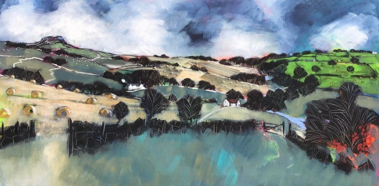 A landscape painting of rolling hills with trees and fields under a cloudy sky.