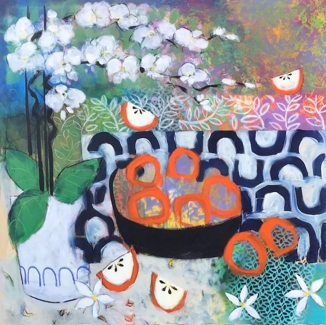 Colorful abstract painting of a still life with white flowers, sliced tomatoes, and a bowl of orange fruit on a patterned background.