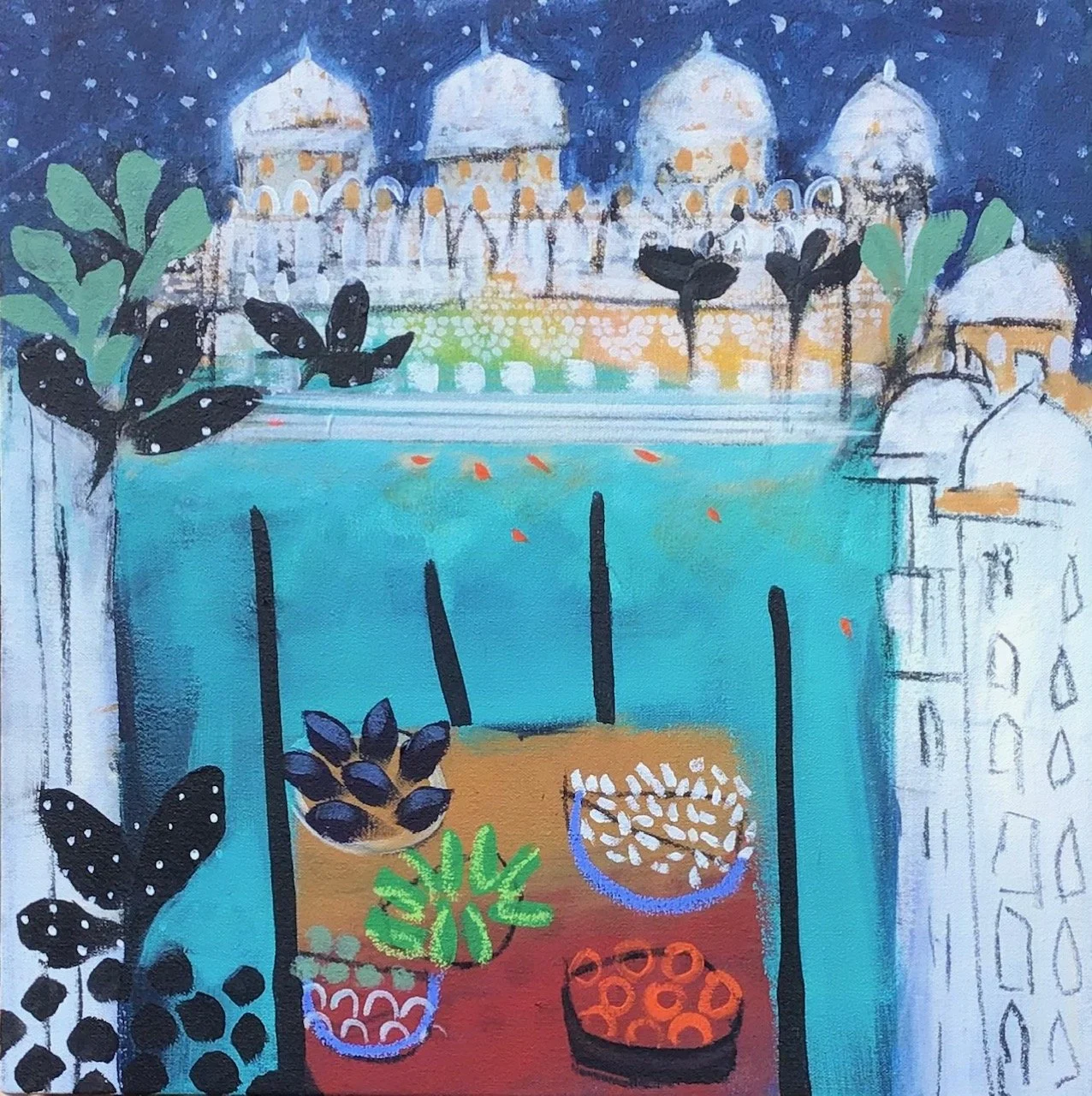 Abstract painting of a cityscape with a large body of water in the foreground and a row of domed buildings at night. Trees and plants are depicted along the water, with some colorful potted plants in the lower part of the image.