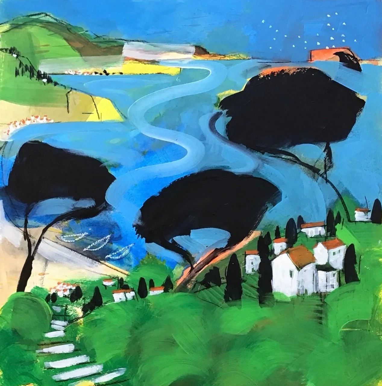 Colorful abstract landscape painting of a rural area with a winding blue river, green grassy hills, black trees, and small white houses with orange roofs.