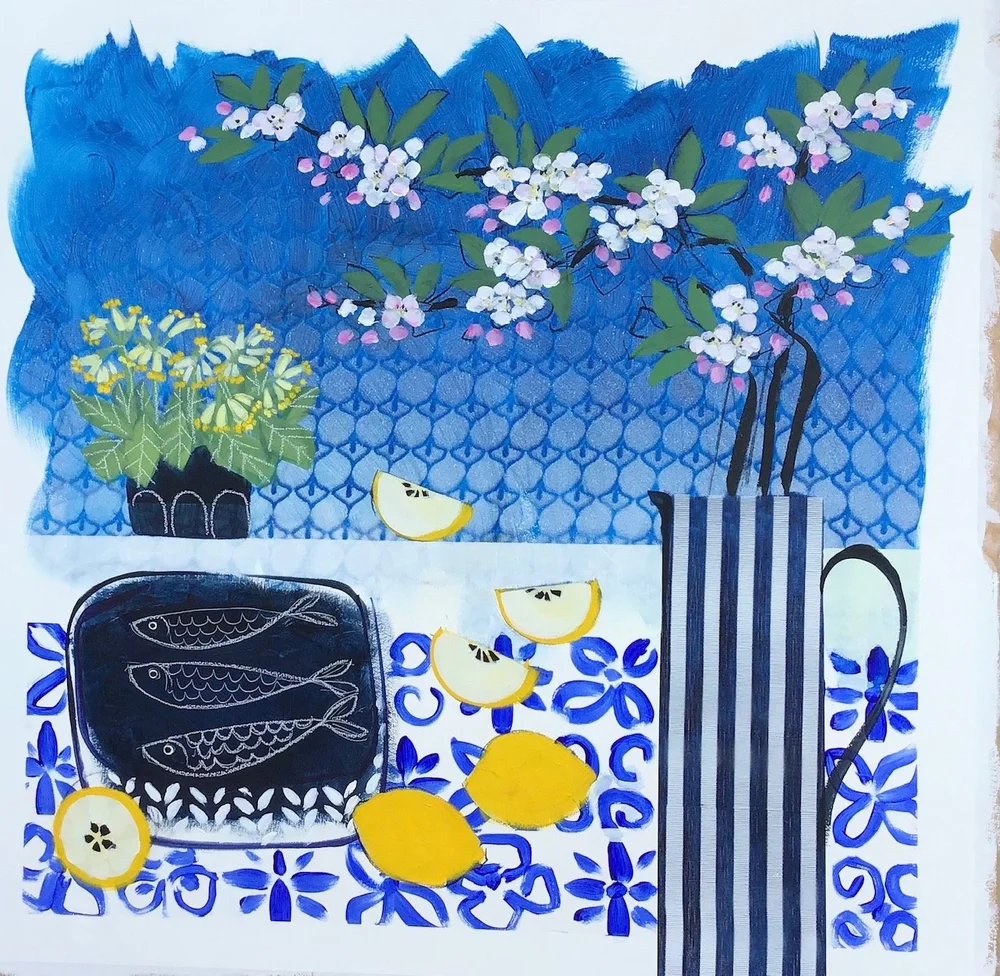 A colorful painting of a blue-patterned background with white and pink flowering branches, a potted plant with yellow flowers, a bunch of lemons and lemon slices, a black dish with three fish, and a striped vase with tall green plants.