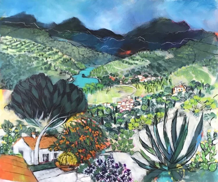 A vibrant painting of a lush landscape with mountains, a river, and a village surrounded by trees and plants.